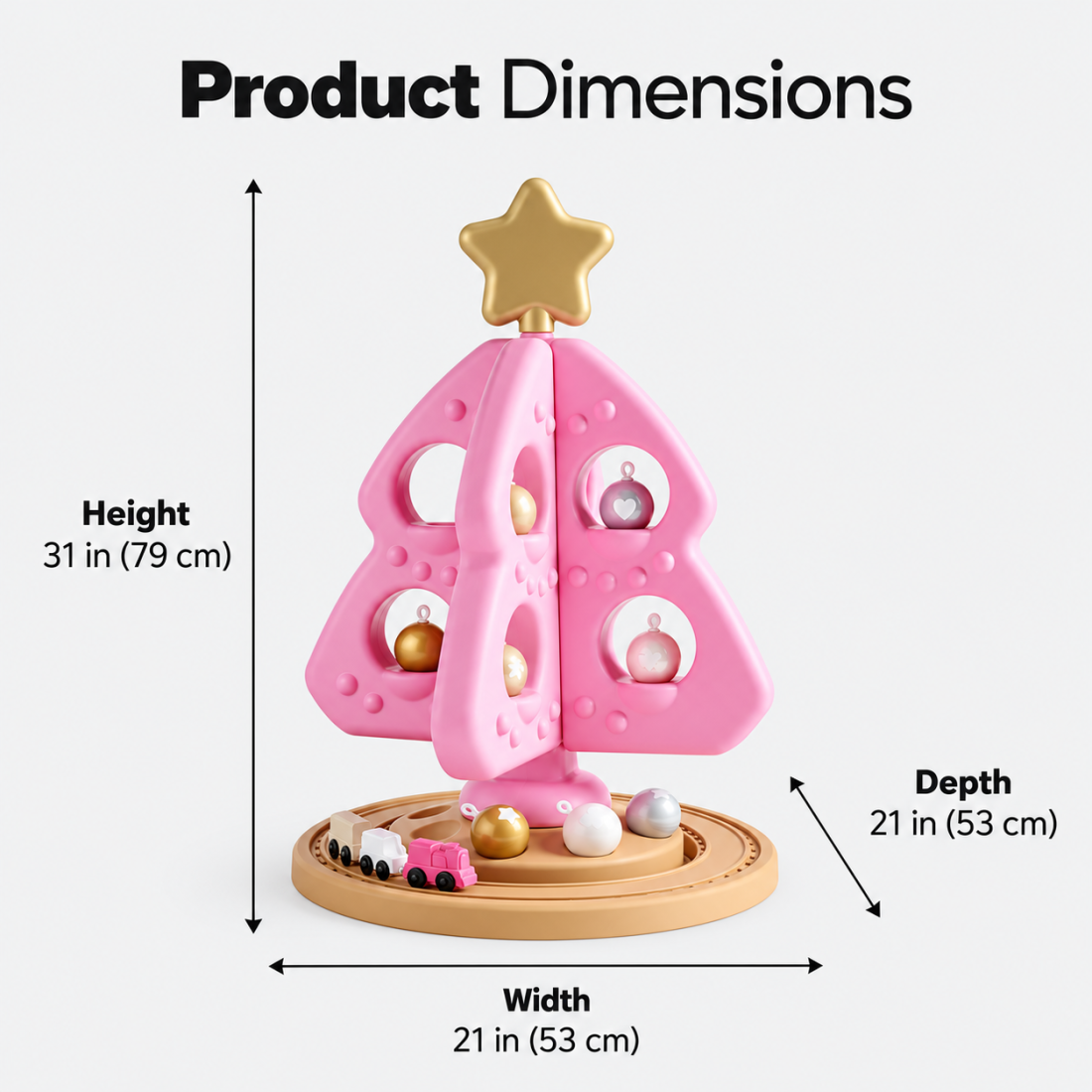 Product dimension guide for the pink Christmas tree play set