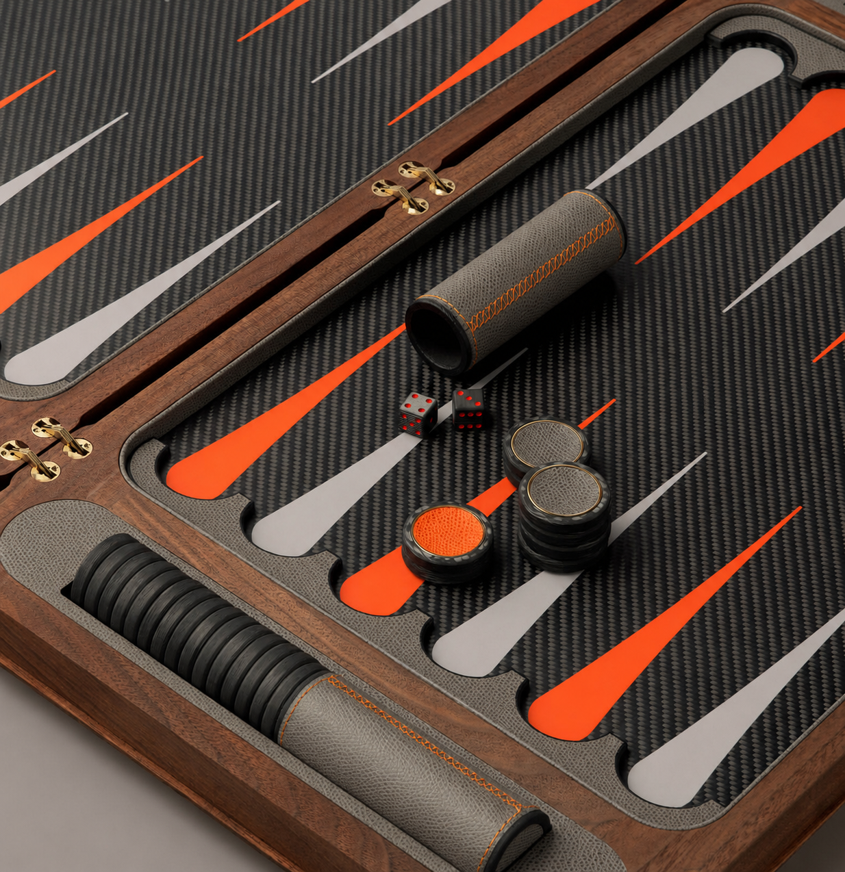 Close view of carbon-fiber field, walnut frame, leather dice cup and handcrafted checkers
