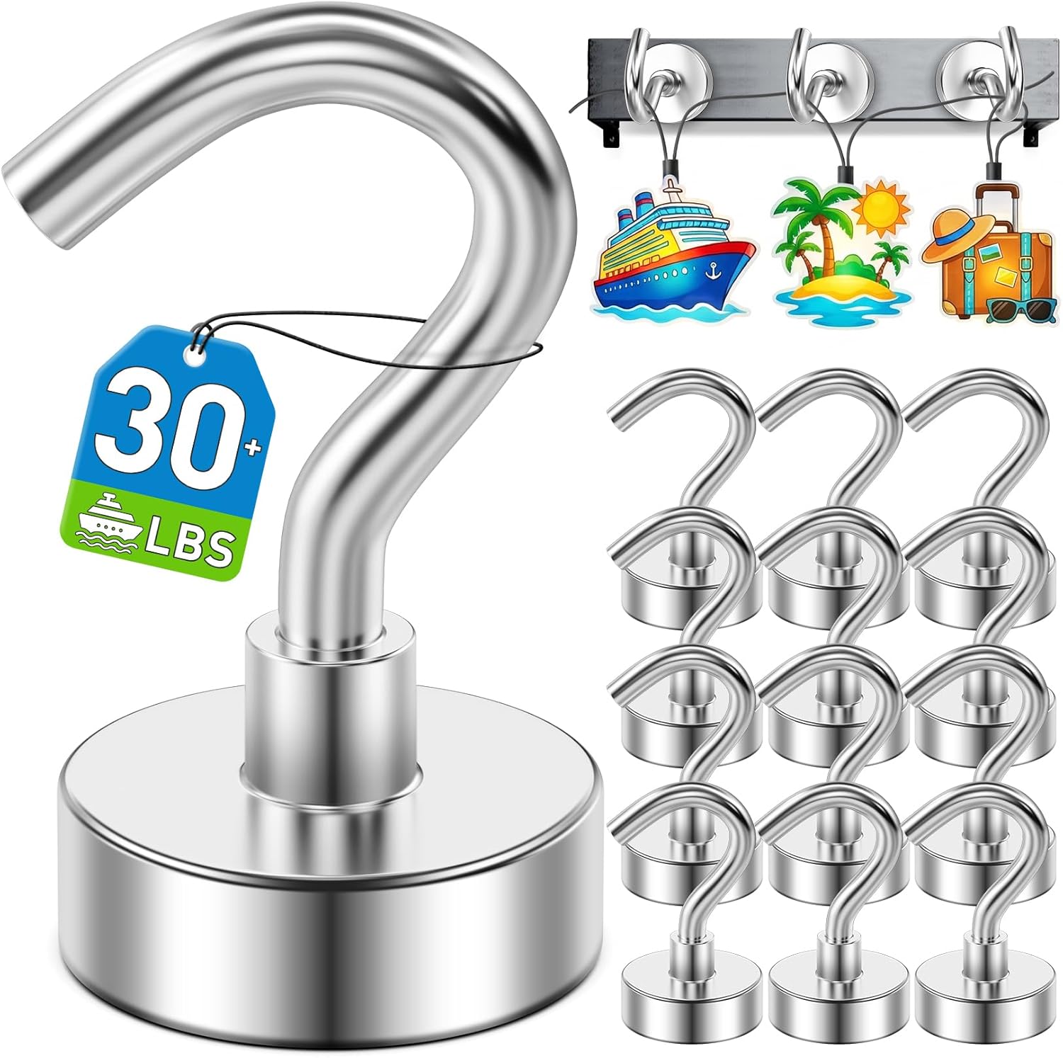 12 Pack Magnetic Hooks for 2026 Cruise Cabins Beach Vacation 30lbs+ Heavy Duty Magnet with Hook Metal Magnetic Hooks for Kitchen Fridge Grills Hanging Magnet Hooks for Classroom Locker Utensil Racks