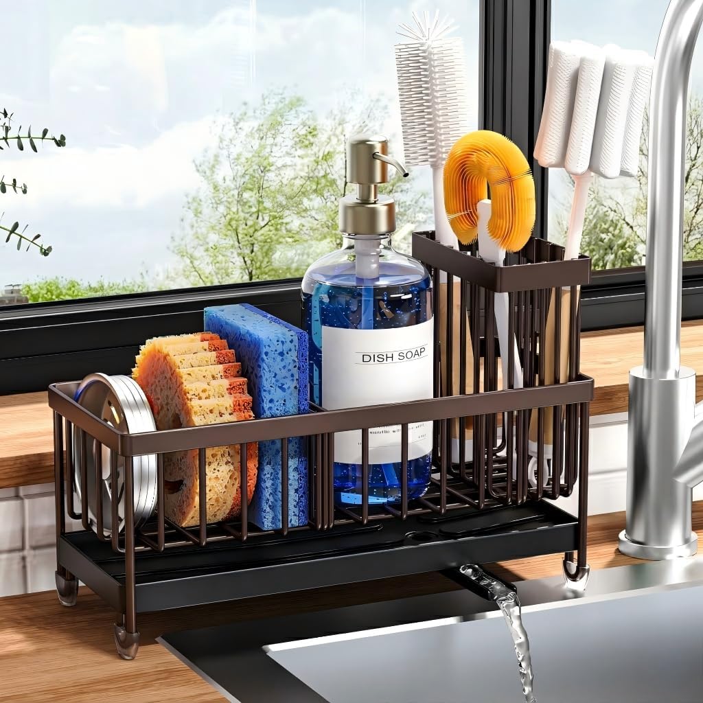 Stainless Steel Kitchen Sink Caddy Organizer with Rotatable Spout