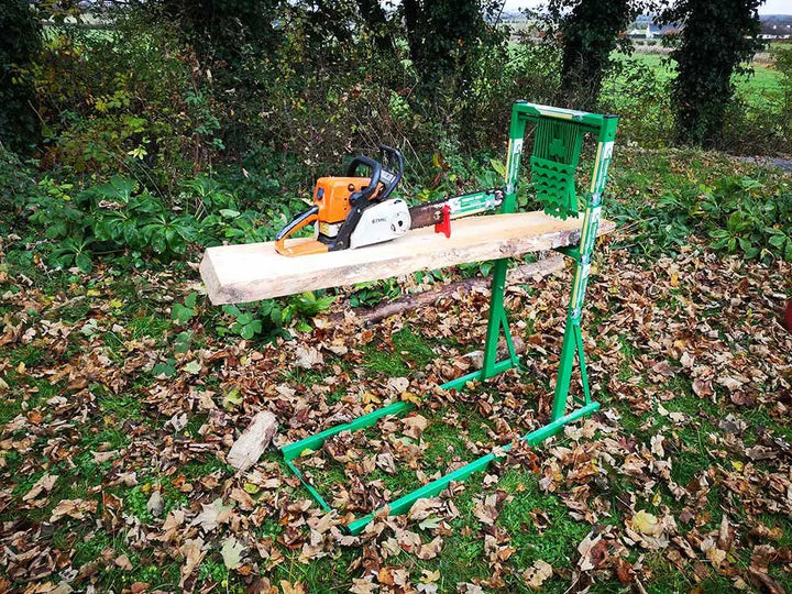 Log supported outdoors on steel stand