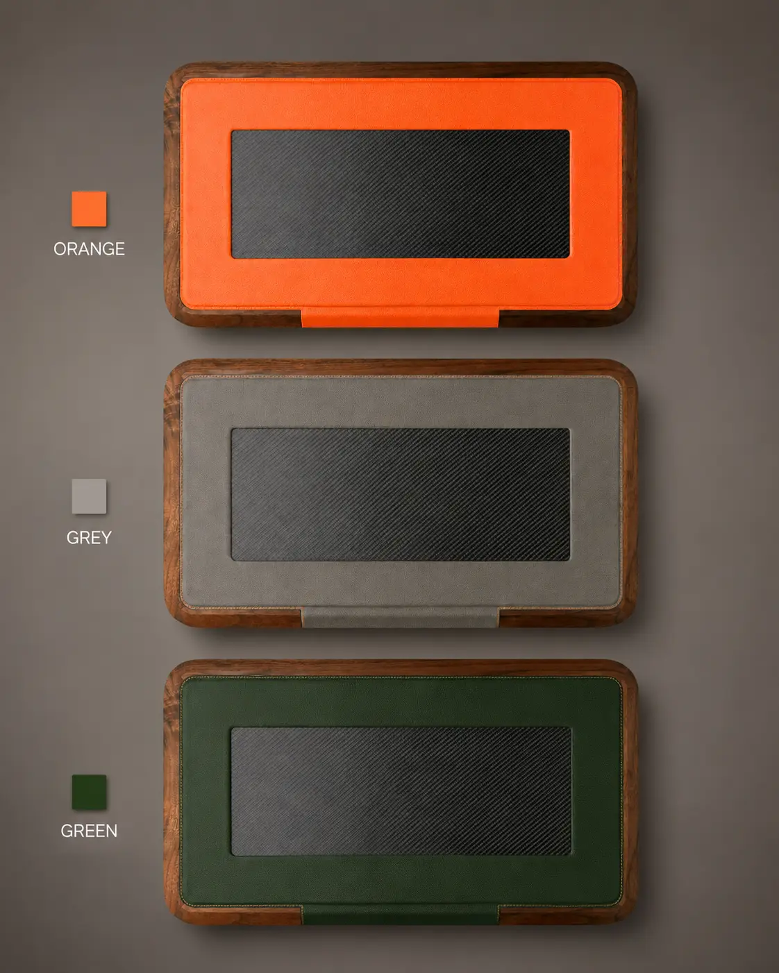 Orange, grey and green finish options for the luxury carbon-fiber backgammon set
