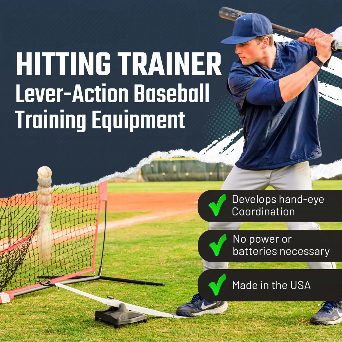 Player practicing with a foot-activated hitting trainer and hitting net