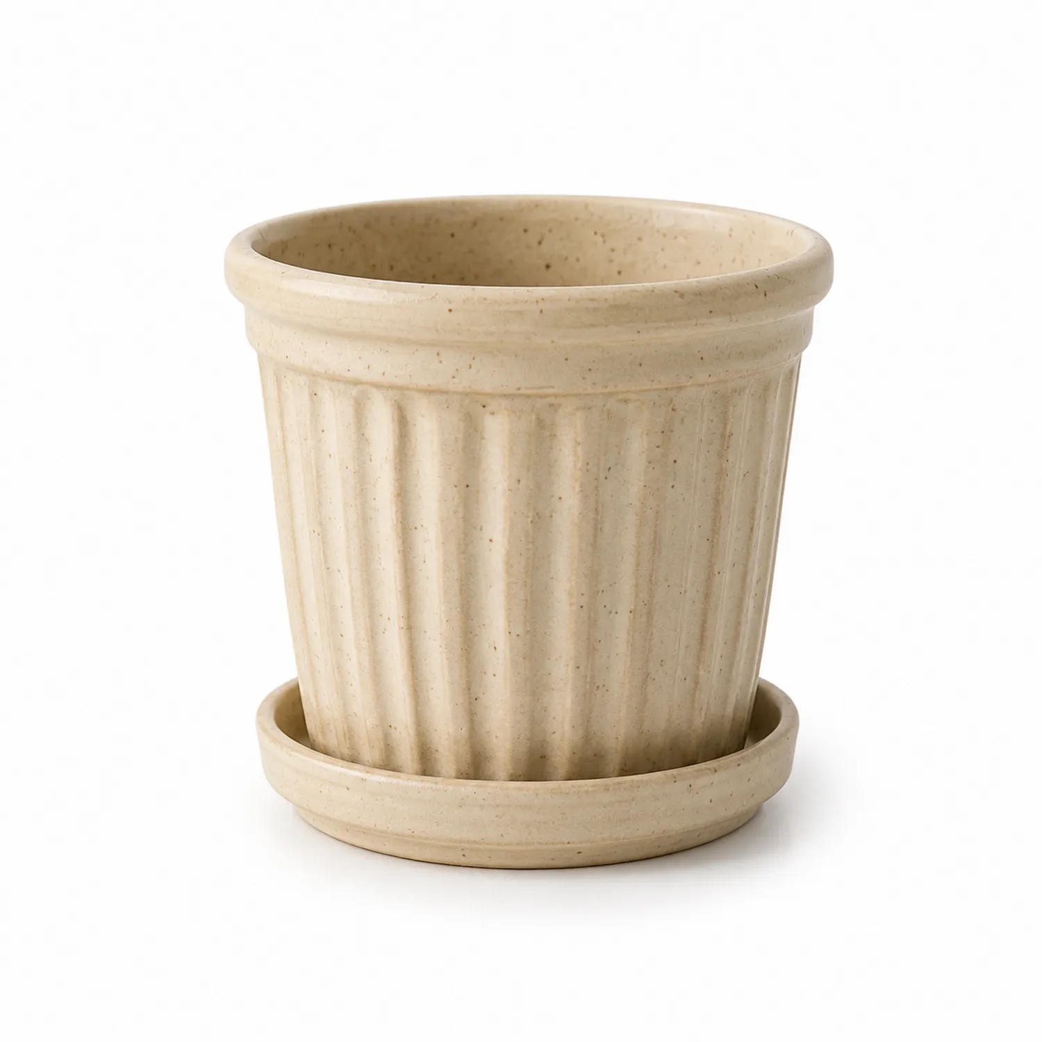 Ceramiczna doniczka żebrowana beżowa z podstawką
