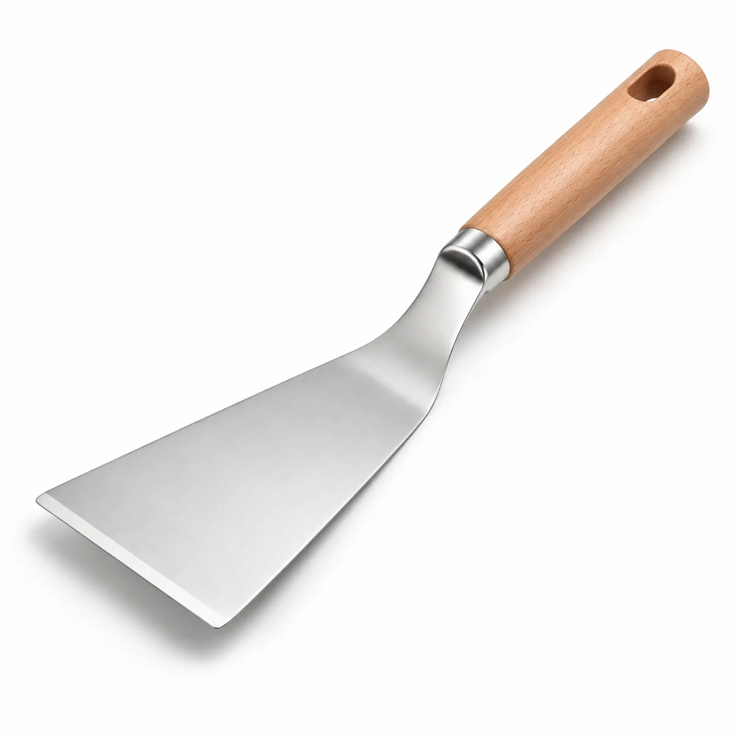 Spatule de cuisine en acier inoxydable avec manche en bois de hêtre