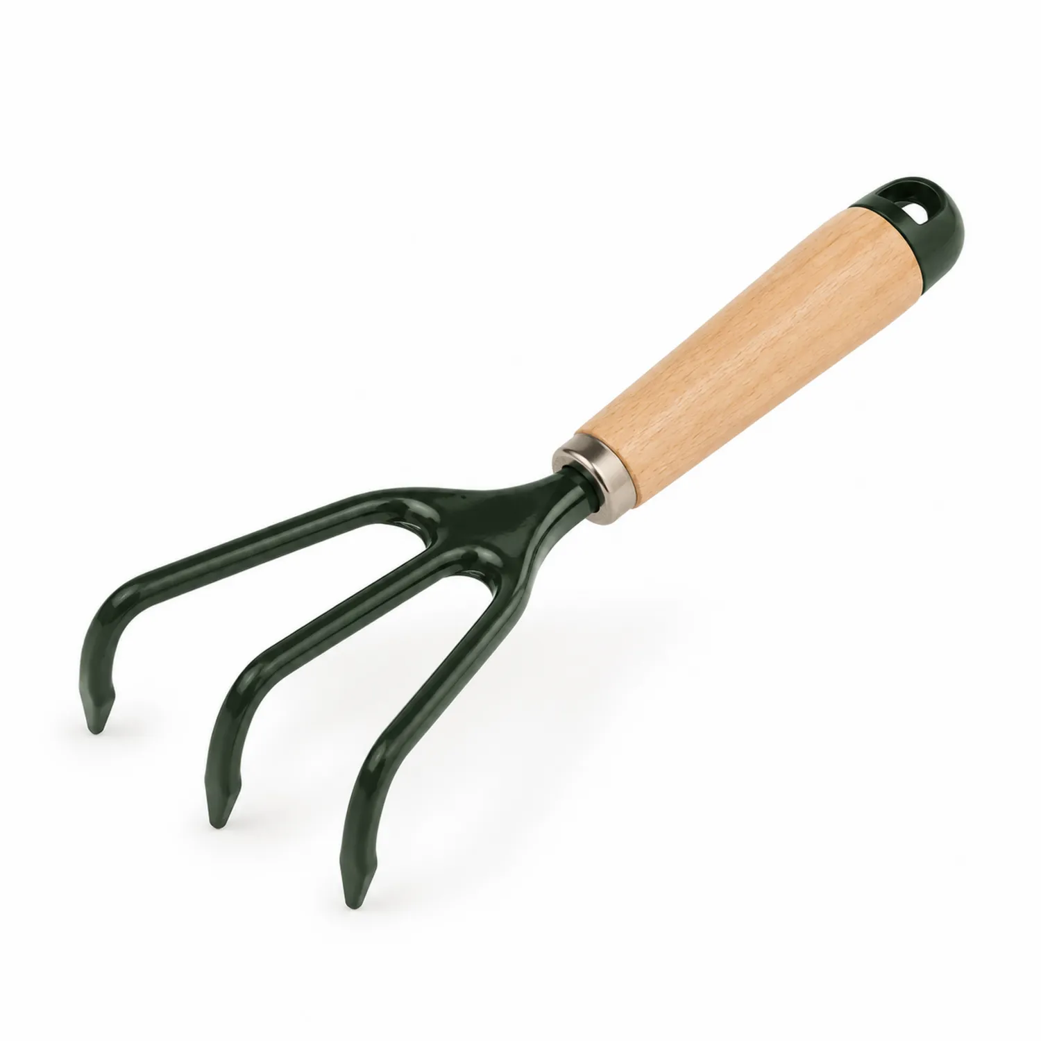 Fourchette de jardinage à main verte avec manche en bois