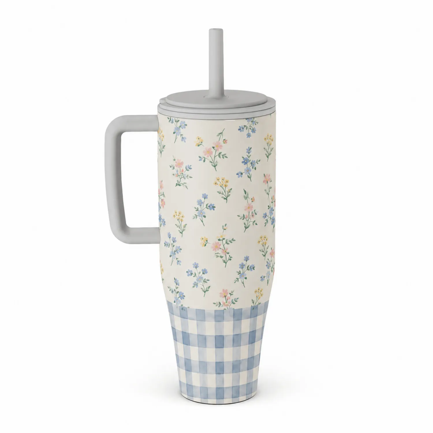 Tasse isotherme avec paille motif floral et carreaux bleus 500ml