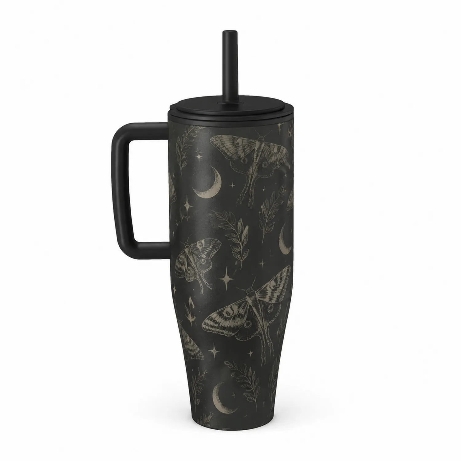 Gobelet Isotherme avec Paille Noir Motifs Papillons Lune 500ml