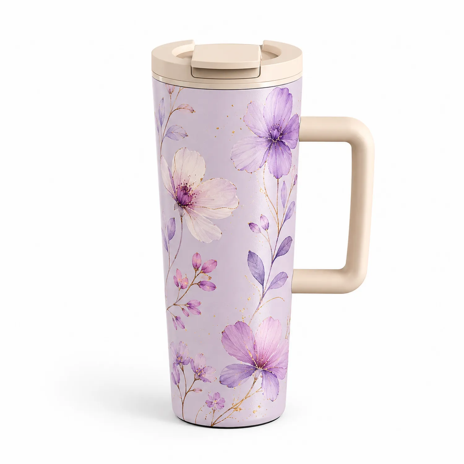 Mug isotherme à motif floral violet avec anse