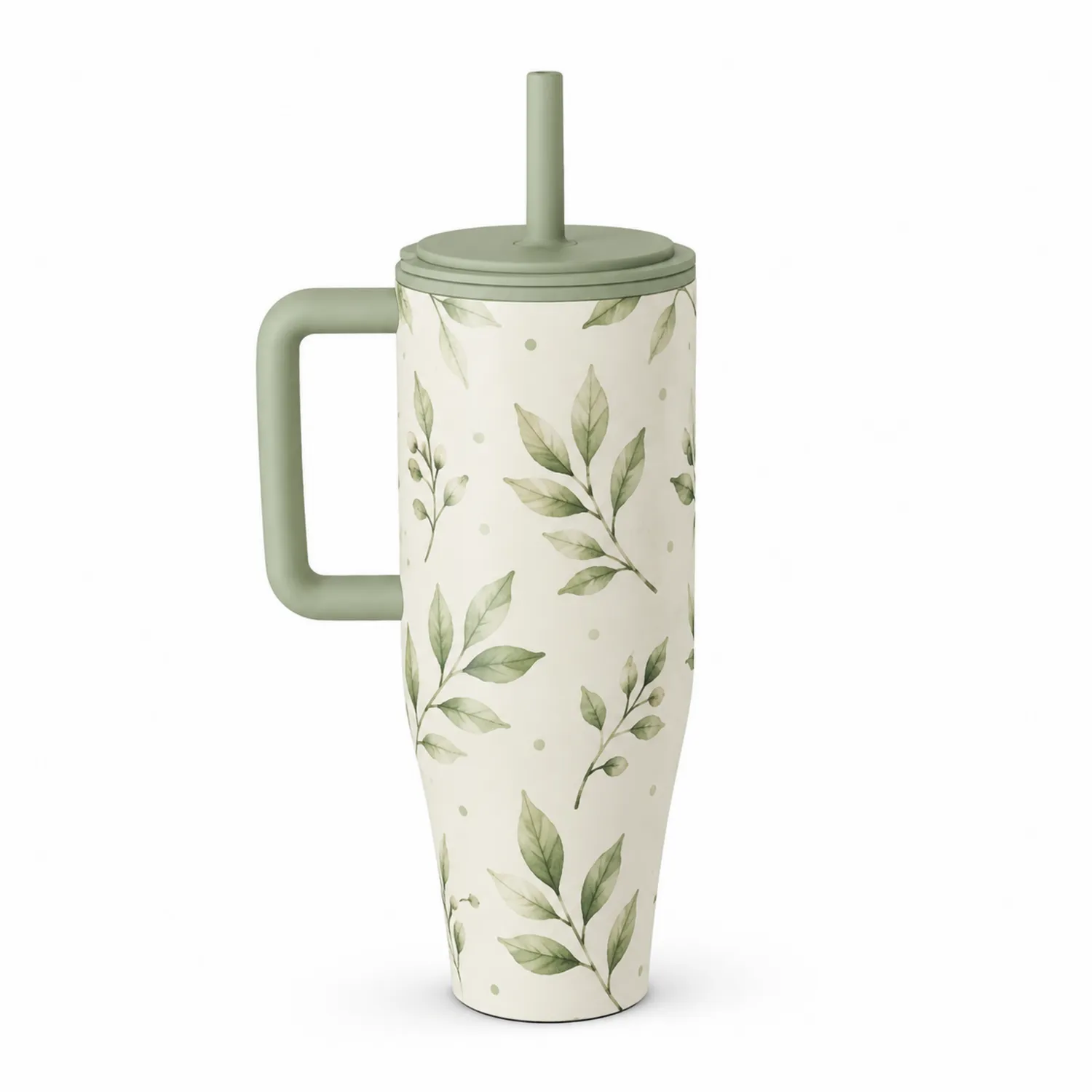 Gobelet Isolé avec Paille Motif Feuilles 500ml Vert