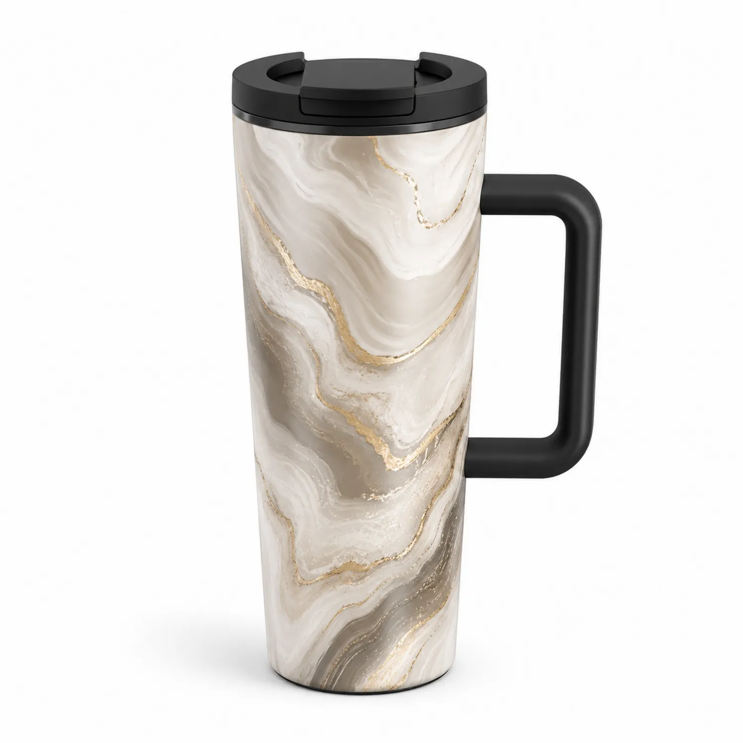 Tasse de voyage isotherme 500 ml avec anse marbrée beige et or