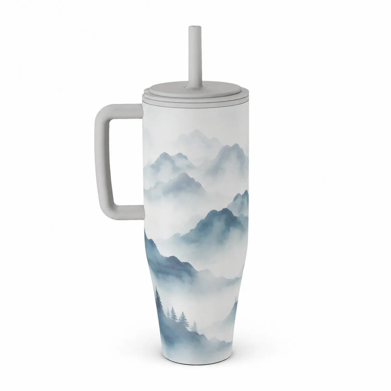 Gobelet Thermos Motif Paysage de Montagne avec Paille - 500ml Bleu/Blanc