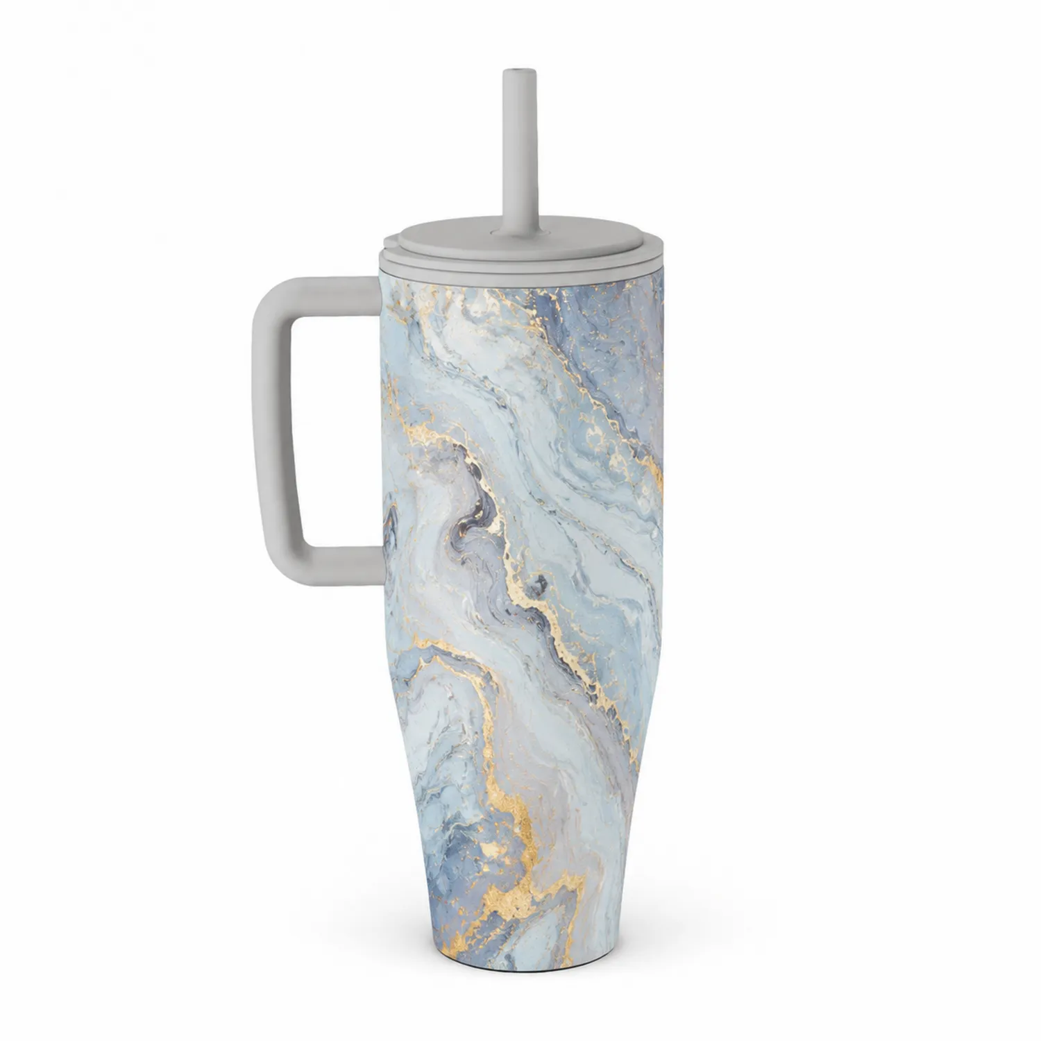 Tasse Isotherme avec Paille en Marbre Bleu