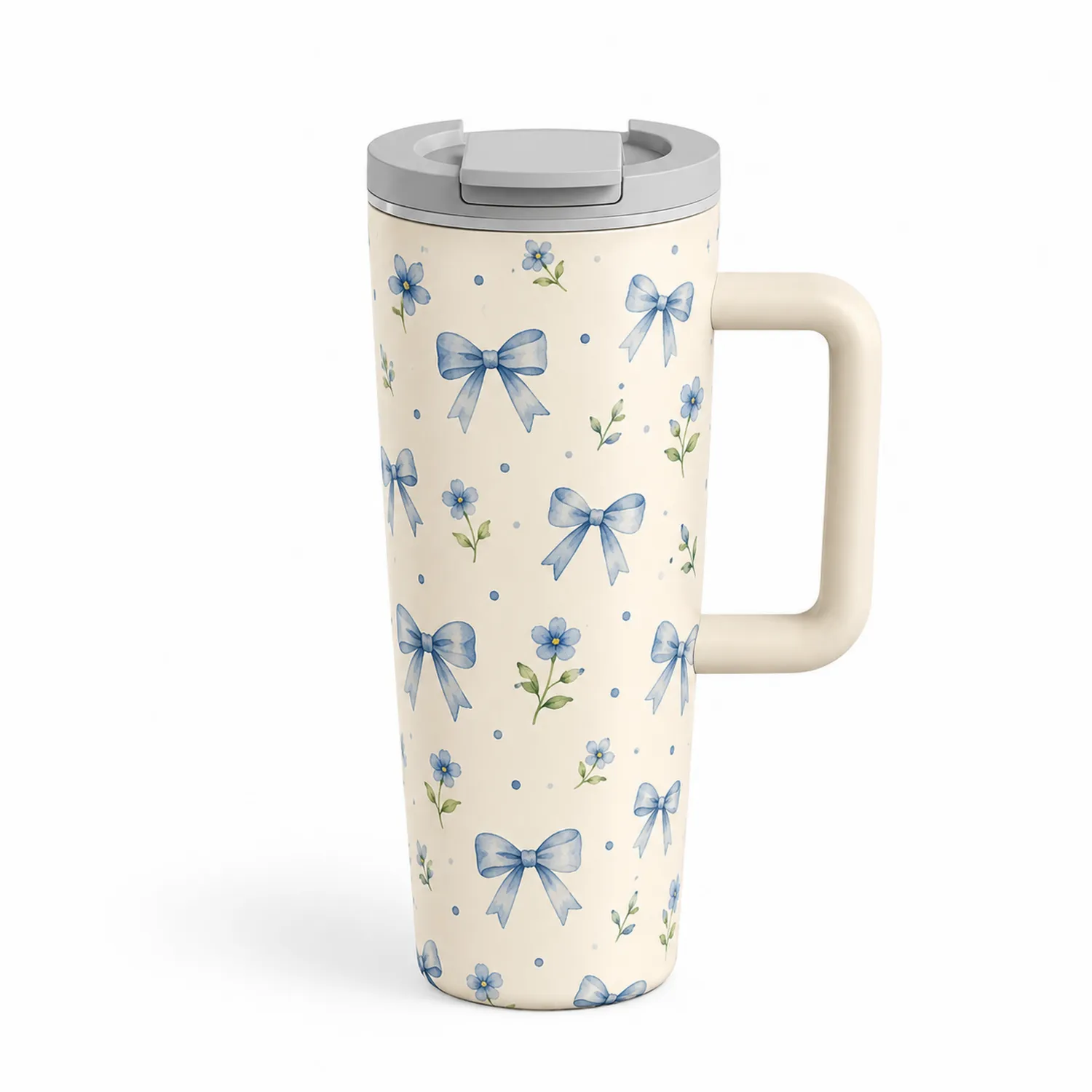 Tasse isotherme 470ml avec motifs nœuds et fleurs, crème/bleu