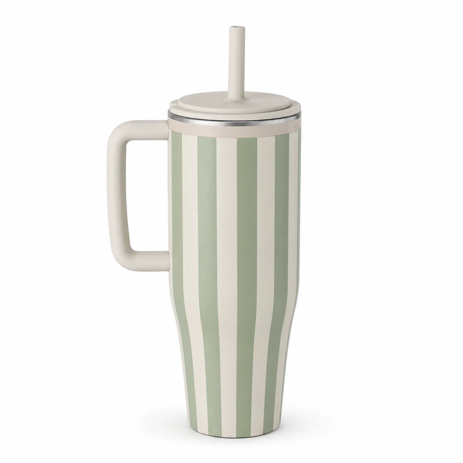 Mug isotherme à rayures vert et blanc avec paille et anse