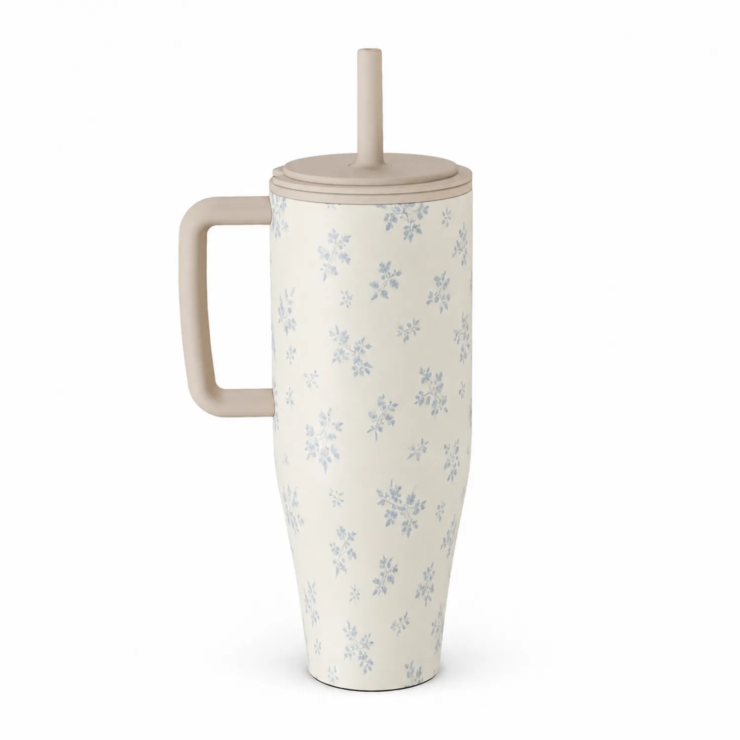 Gobelet avec paille intégrée et anse fleurie 570 ml crème