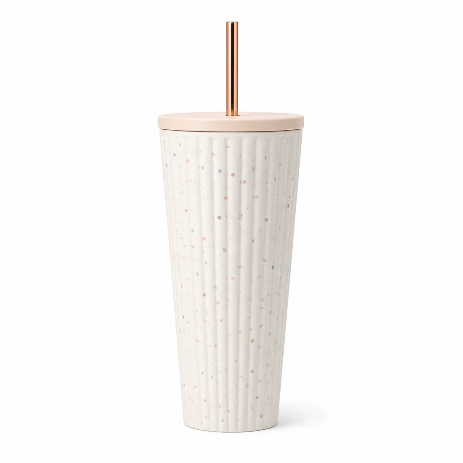 Gobelet Réutilisable avec Paille Motif Pointillé - Beige/Rose Métallique