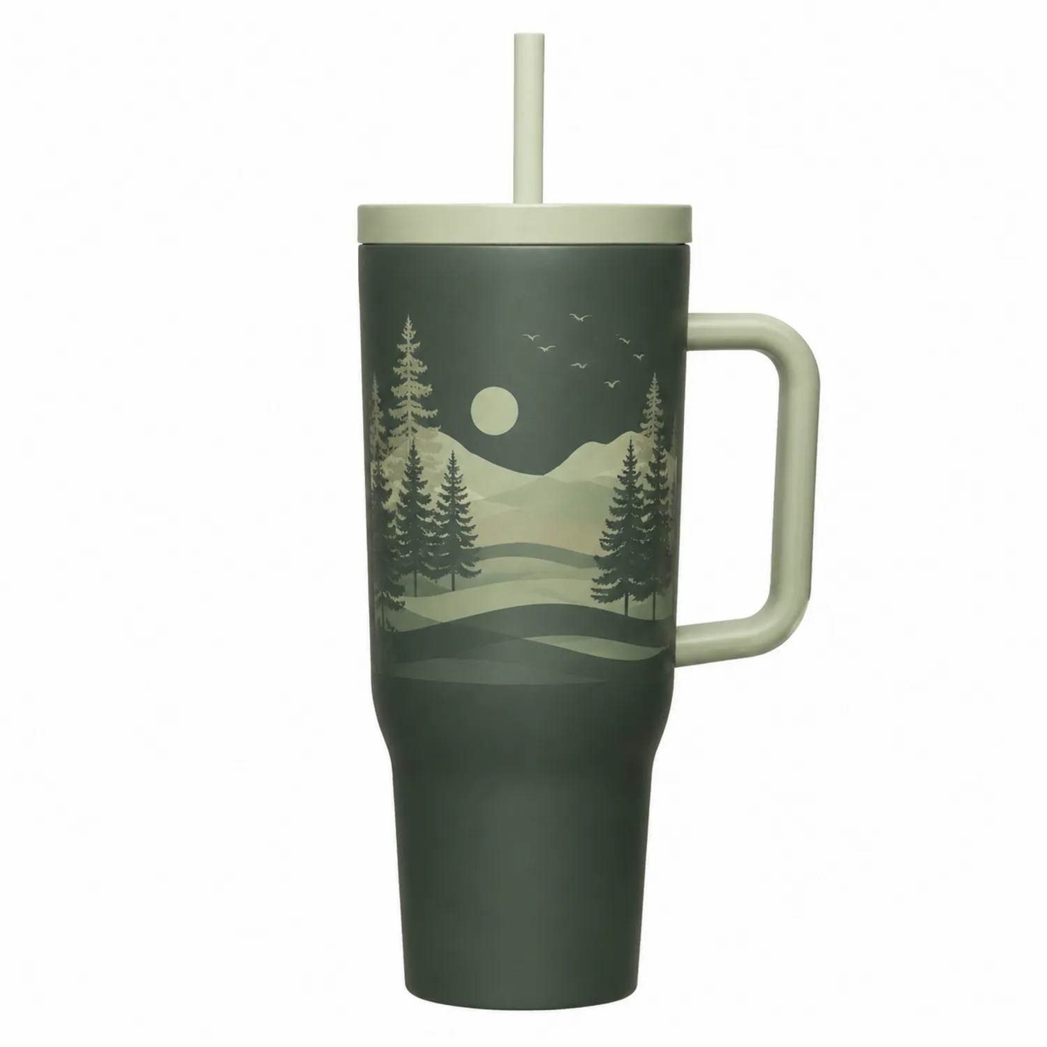 Tasse Thermique avec Paille Motif Paysage Vert