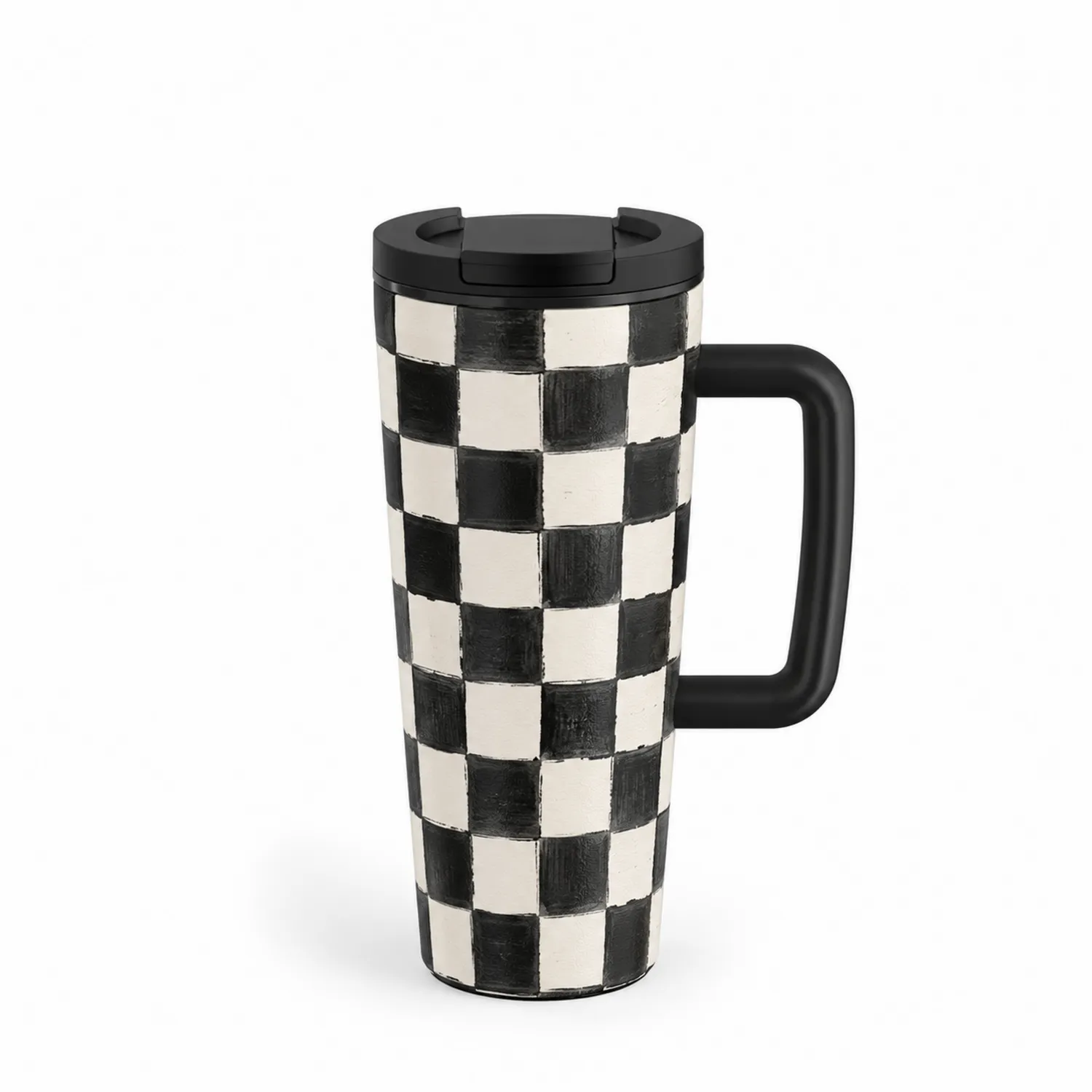 Tasse Isotherme à Carreaux Noir et Blanc avec Anse