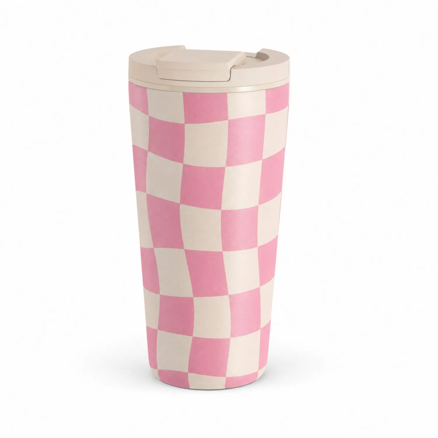 Mug de Voyage Isotherme à Motif Carreaux Rose et Blanc 450ml