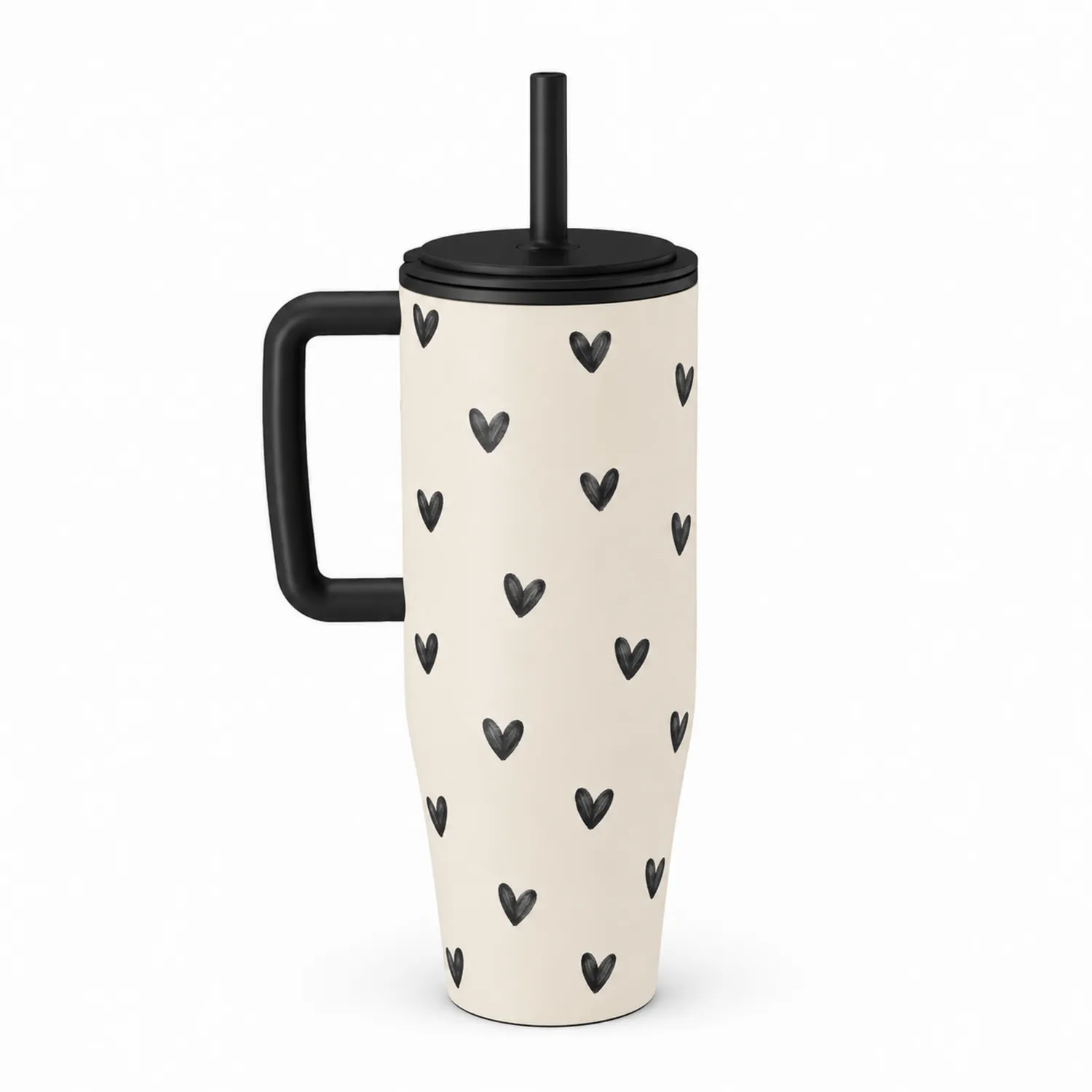 Tasse isotherme avec anse et paille, motifs cœurs noirs sur fond crème