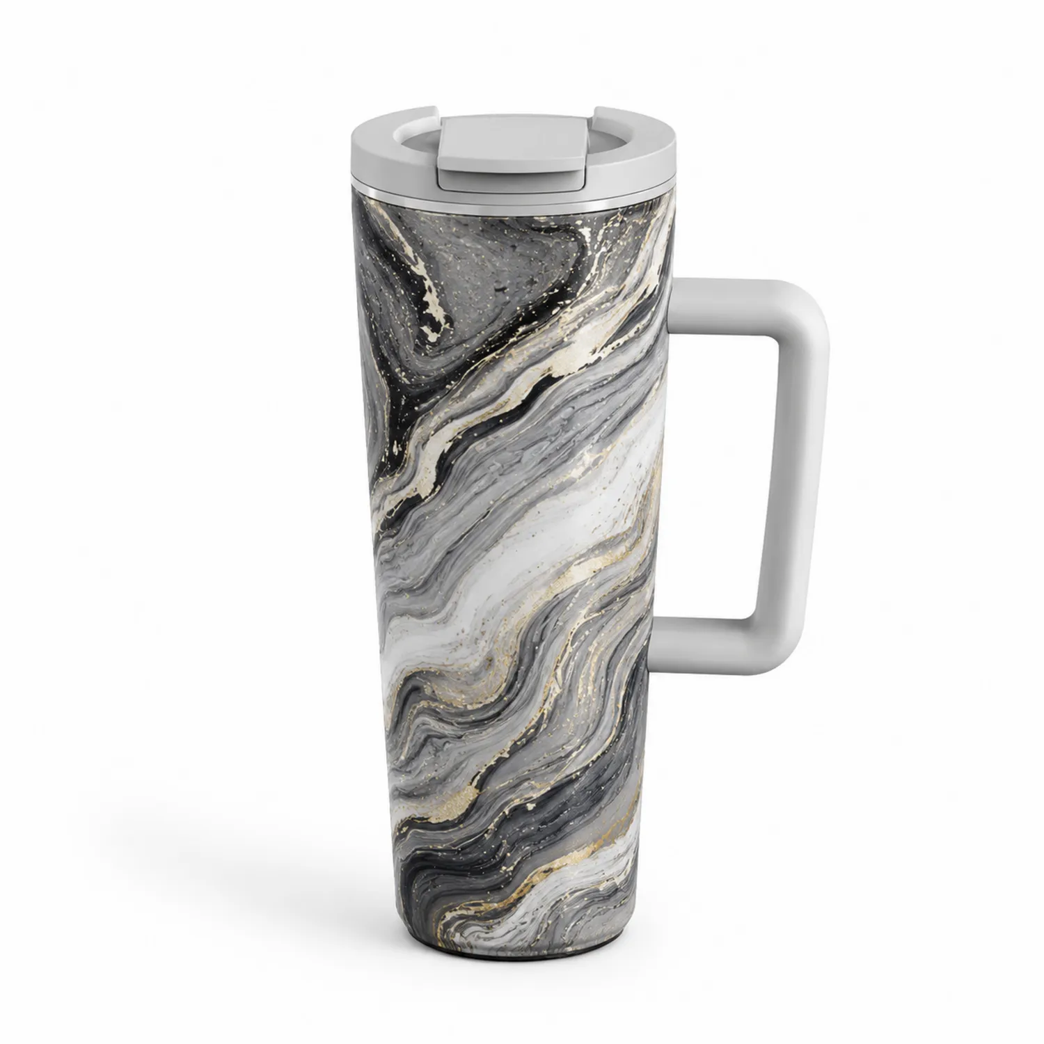 Tasse de Voyage Isotherme 480ml avec Anse Motif Marbré Gris/Blanc