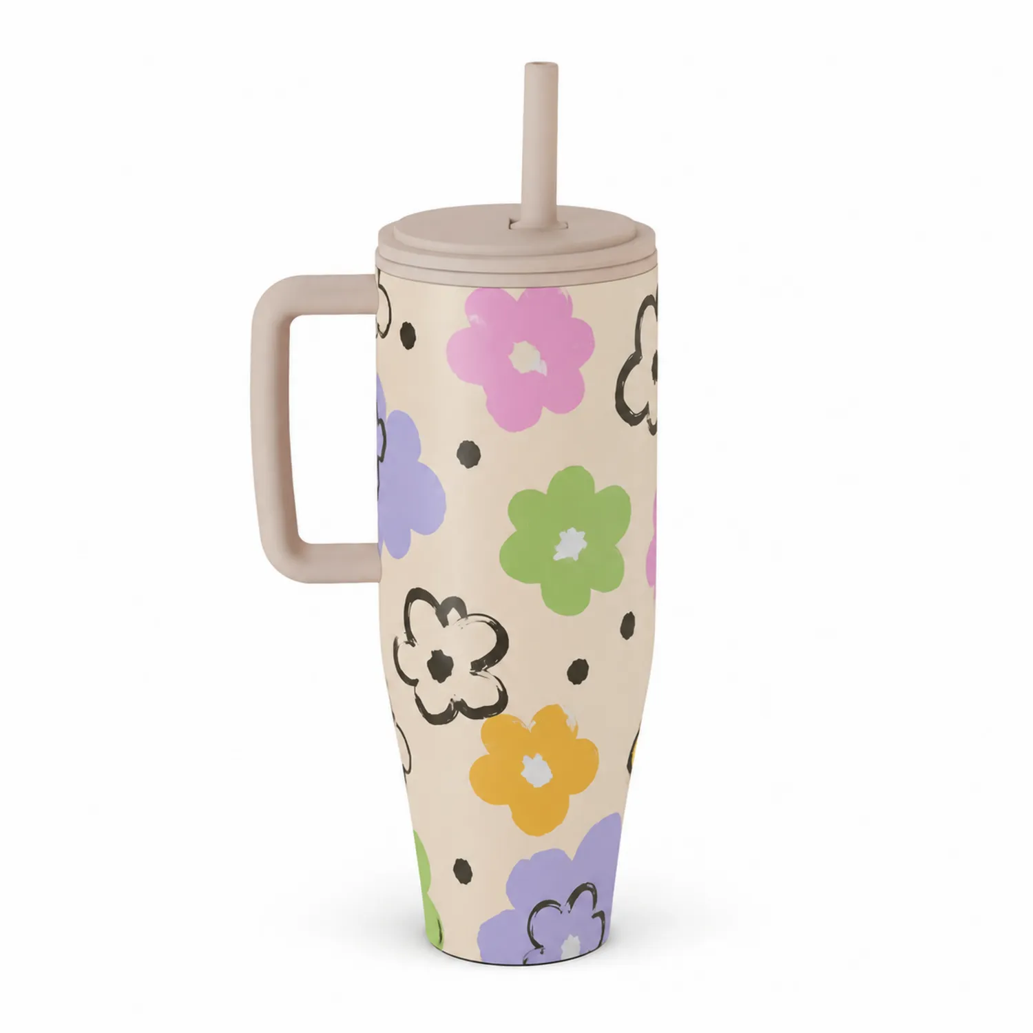 Tasse isotherme à motif floral avec paille - Multicolore