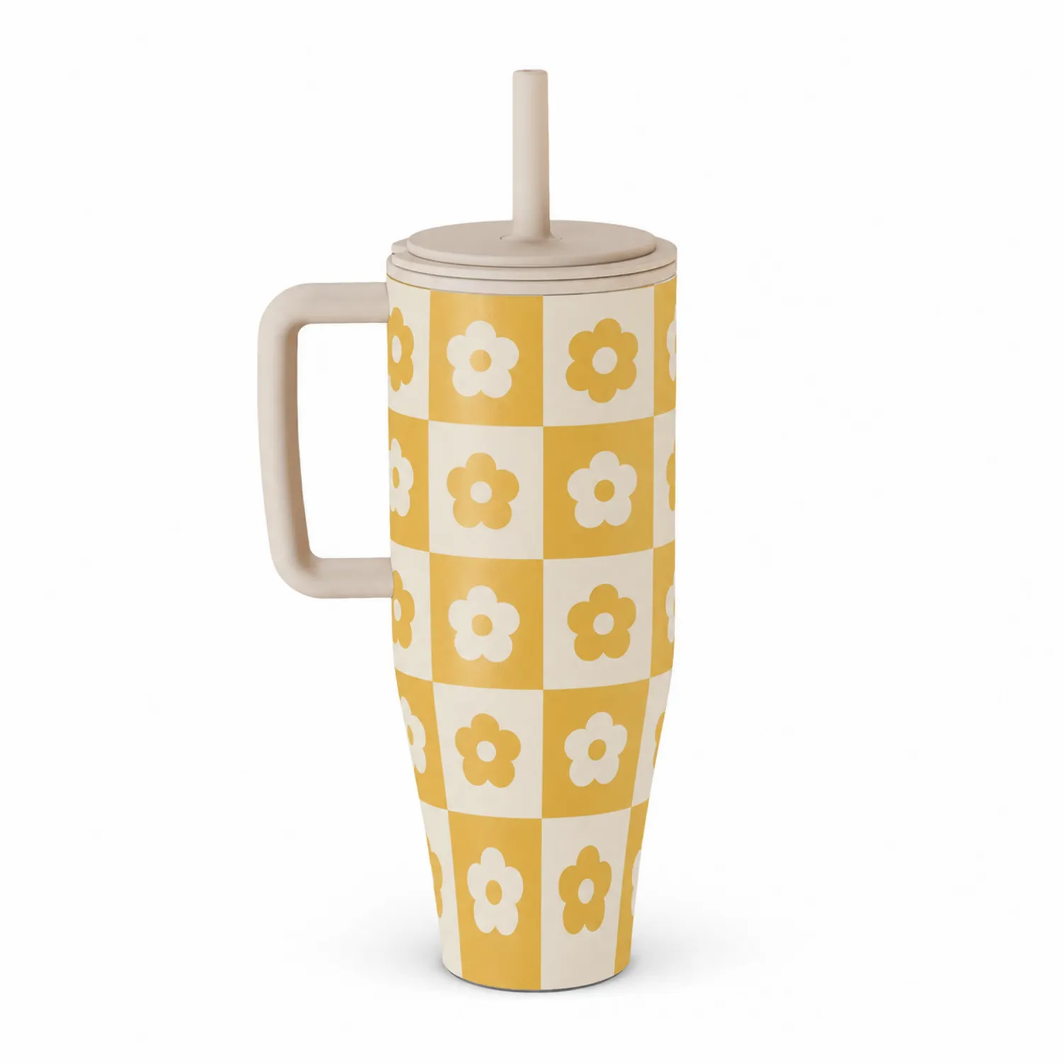 Gobelet isotherme 500 ml avec paille motif floral jaune