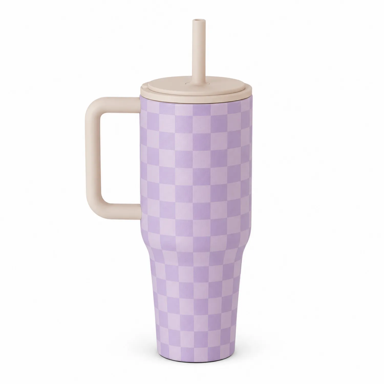 Tasse isotherme à motif damier lavande et beige avec paille