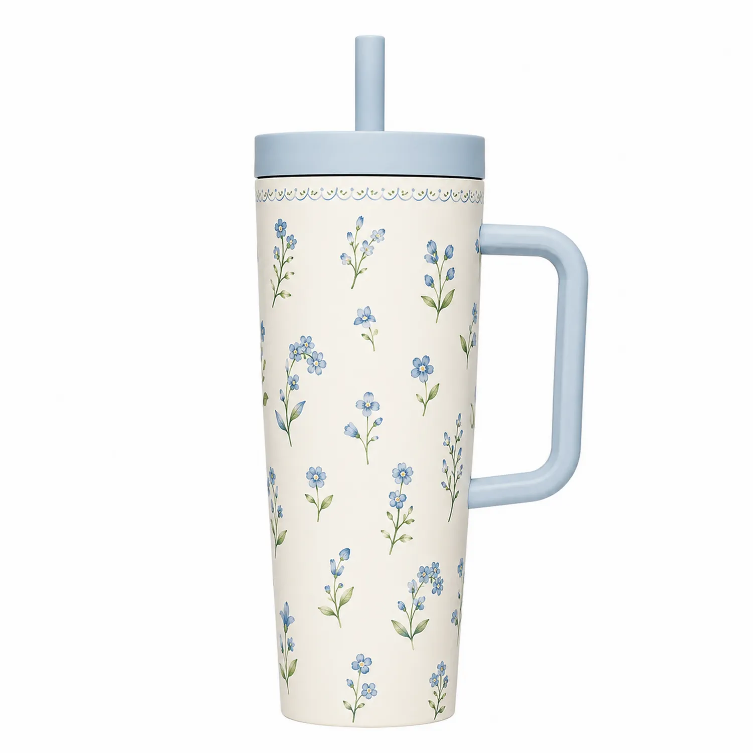 Grande tasse isotherme, motif floral bleu et crème, 700ml