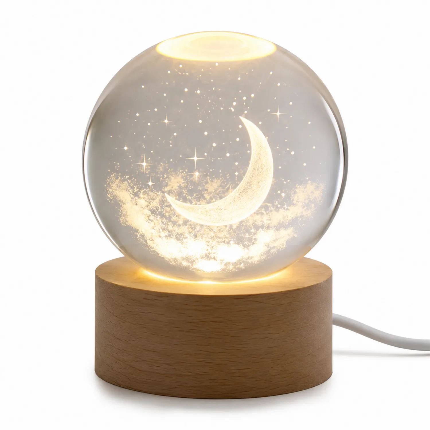 Lampe Lunaire LED avec Socle en Bois et Globe en Verre