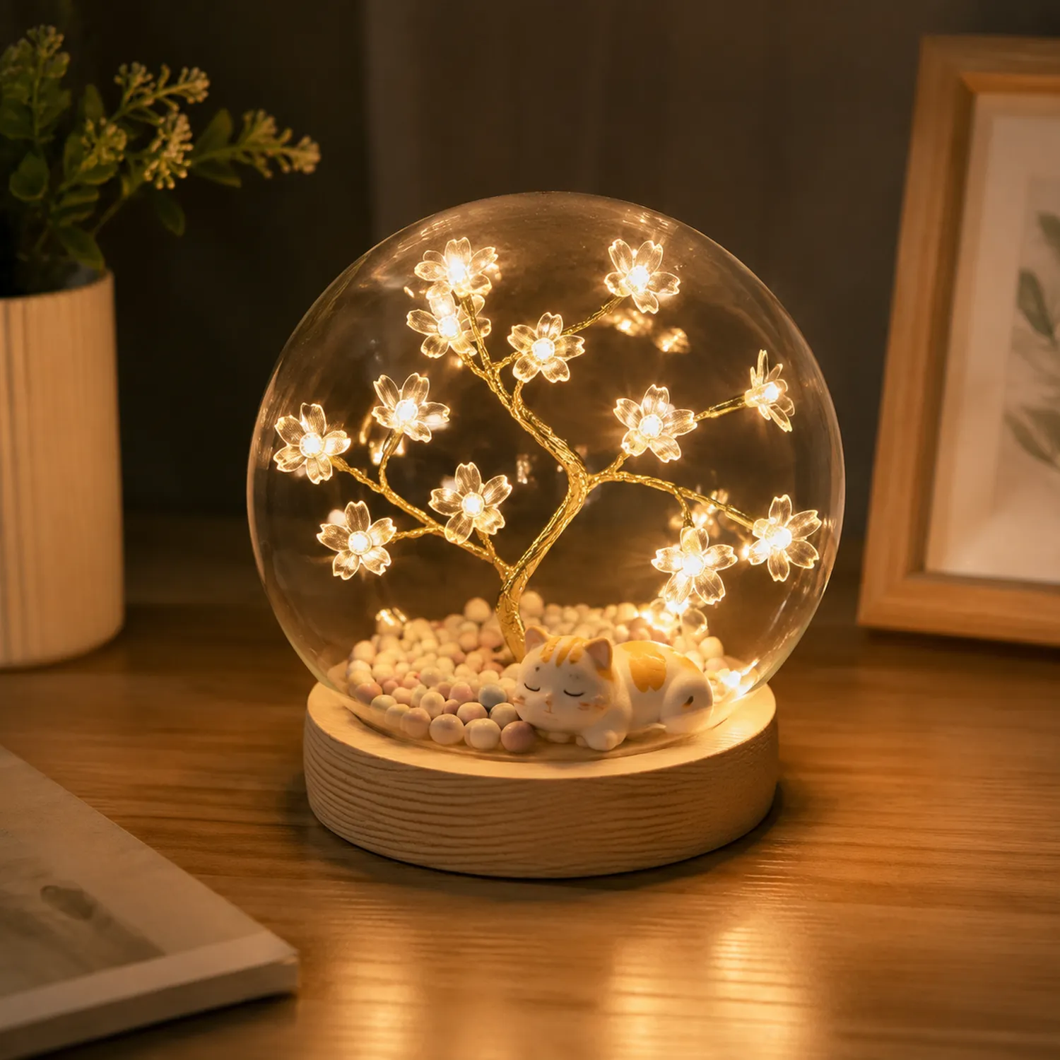 Lampe Sphère LED avec Arbre Fleuri et Chat