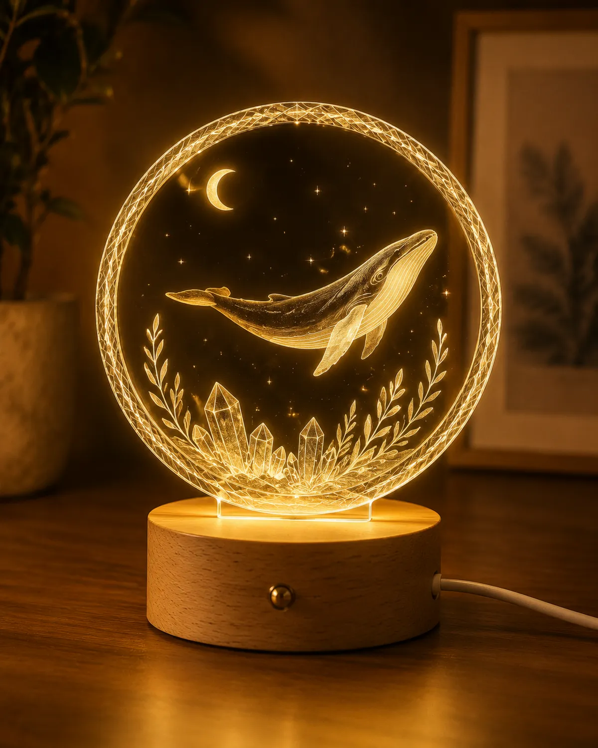 Lampe LED 3D Décorative avec Baleine en Bois