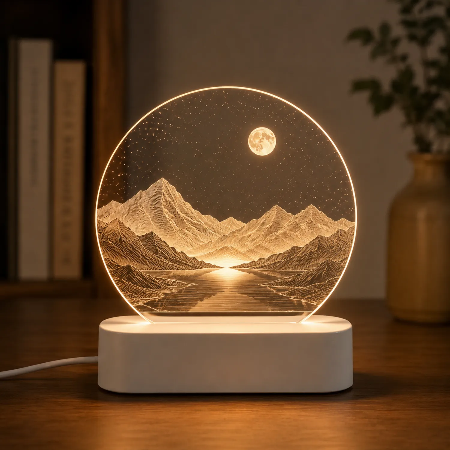 Lampe LED Décorative Paysage Lunaire avec Base Blanche