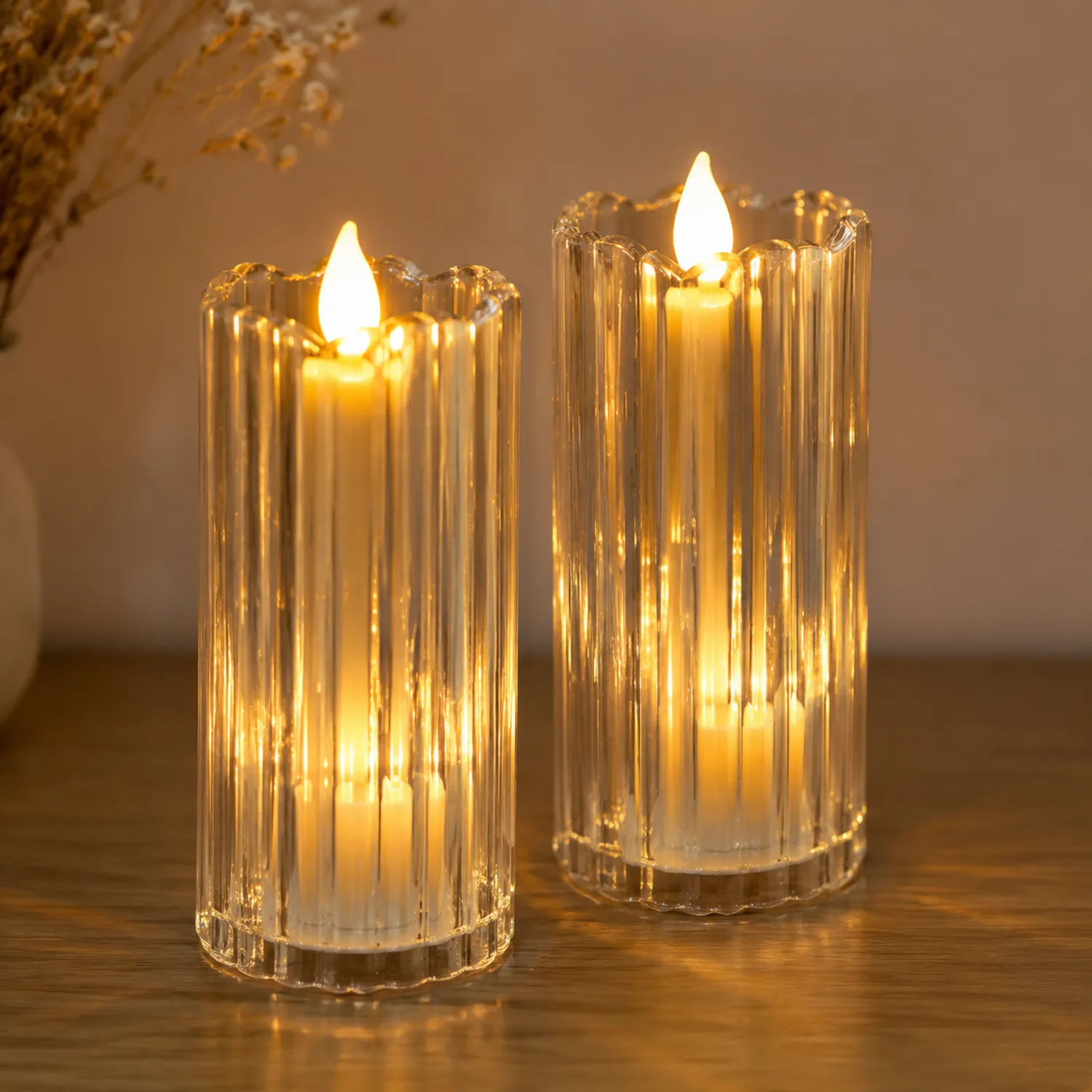 Bougies LED Électroniques avec Support en Verre Strié - Transparent