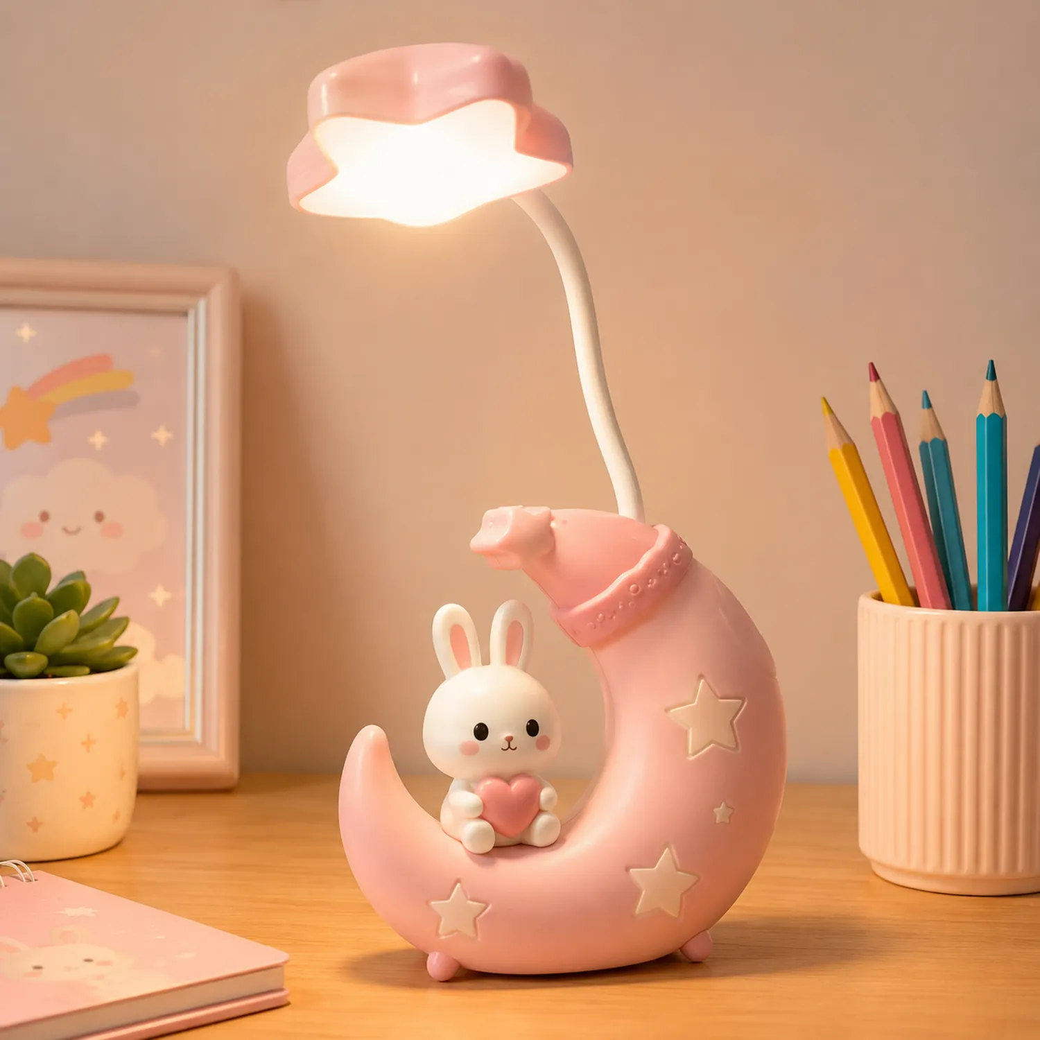 Lampe de Table Enfant avec Lapin et Lune - Rose