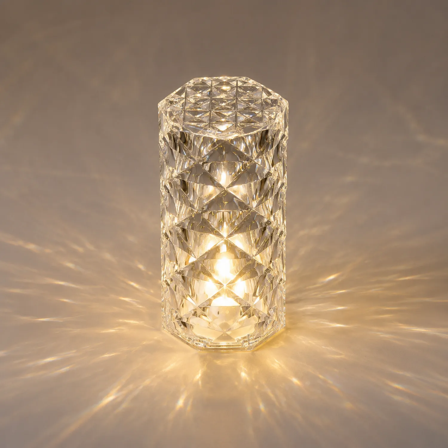 Lampe de Table LED Cylindrique en Cristal Transparente, Lumière Chaude