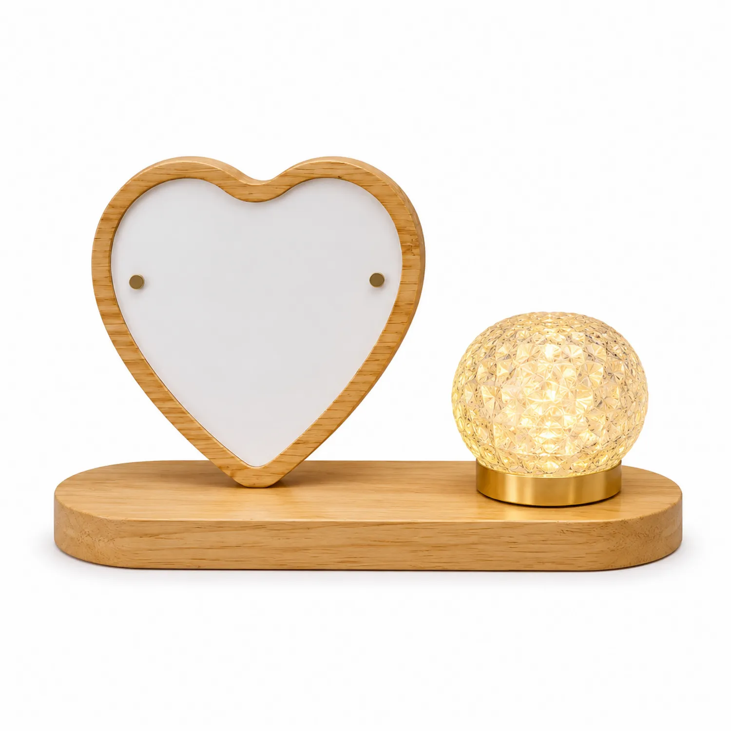 Lampe de Table avec Cadre Photo Cœur et Globe Lumineux Bois/Or