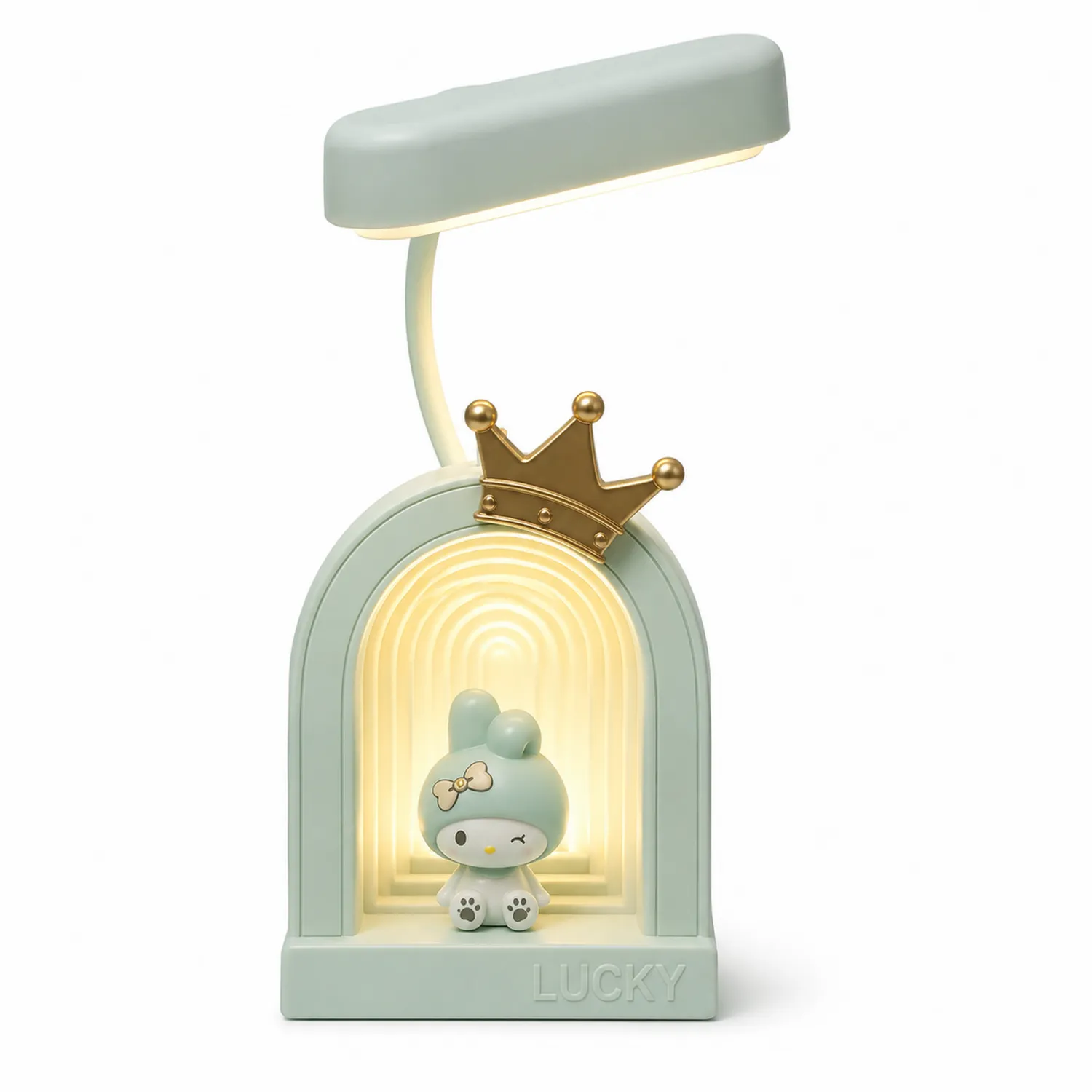 Lampe de chevet LED verte avec figurine et couronne dorées