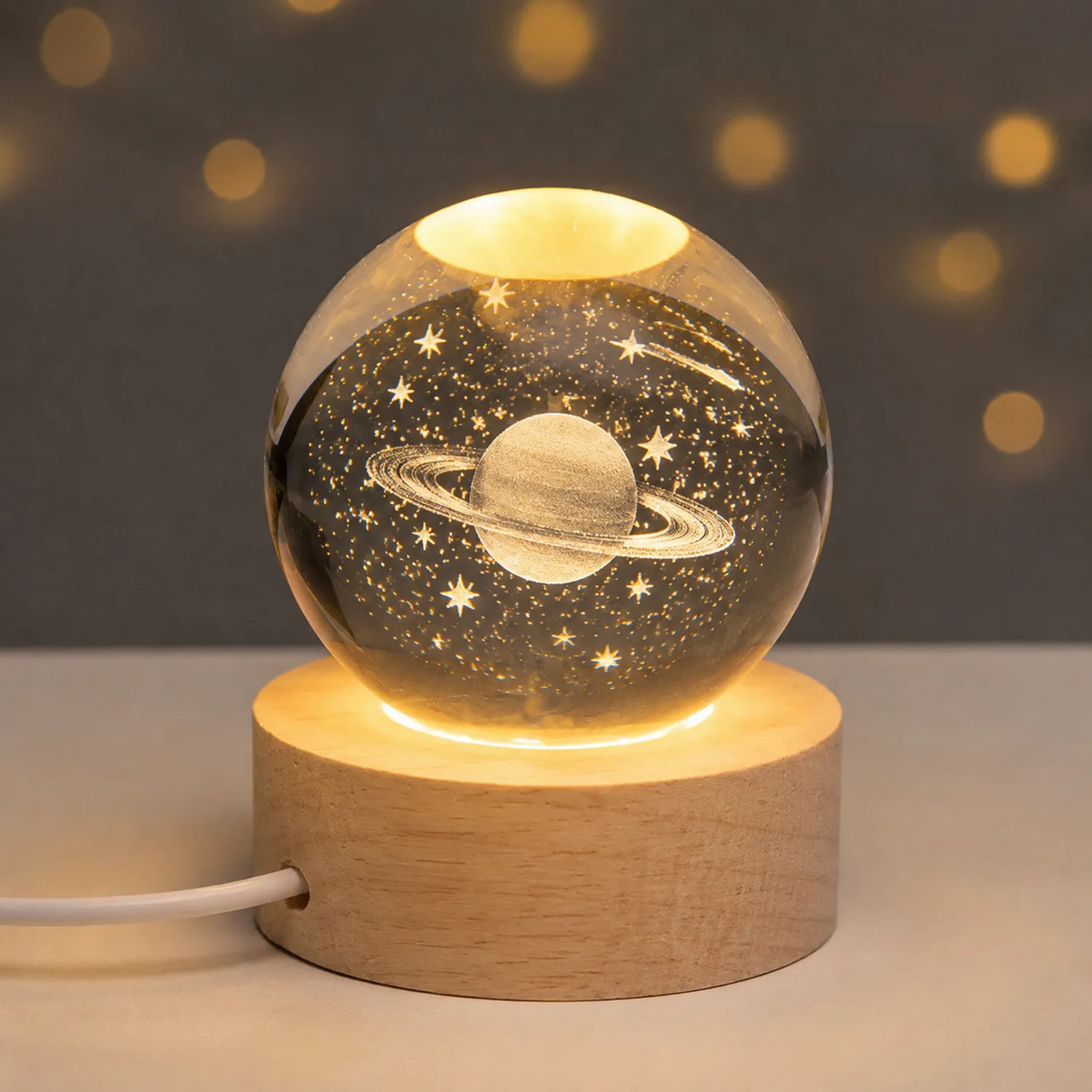 Lampe LED Globale Sphère Planétaire avec Base en Bois