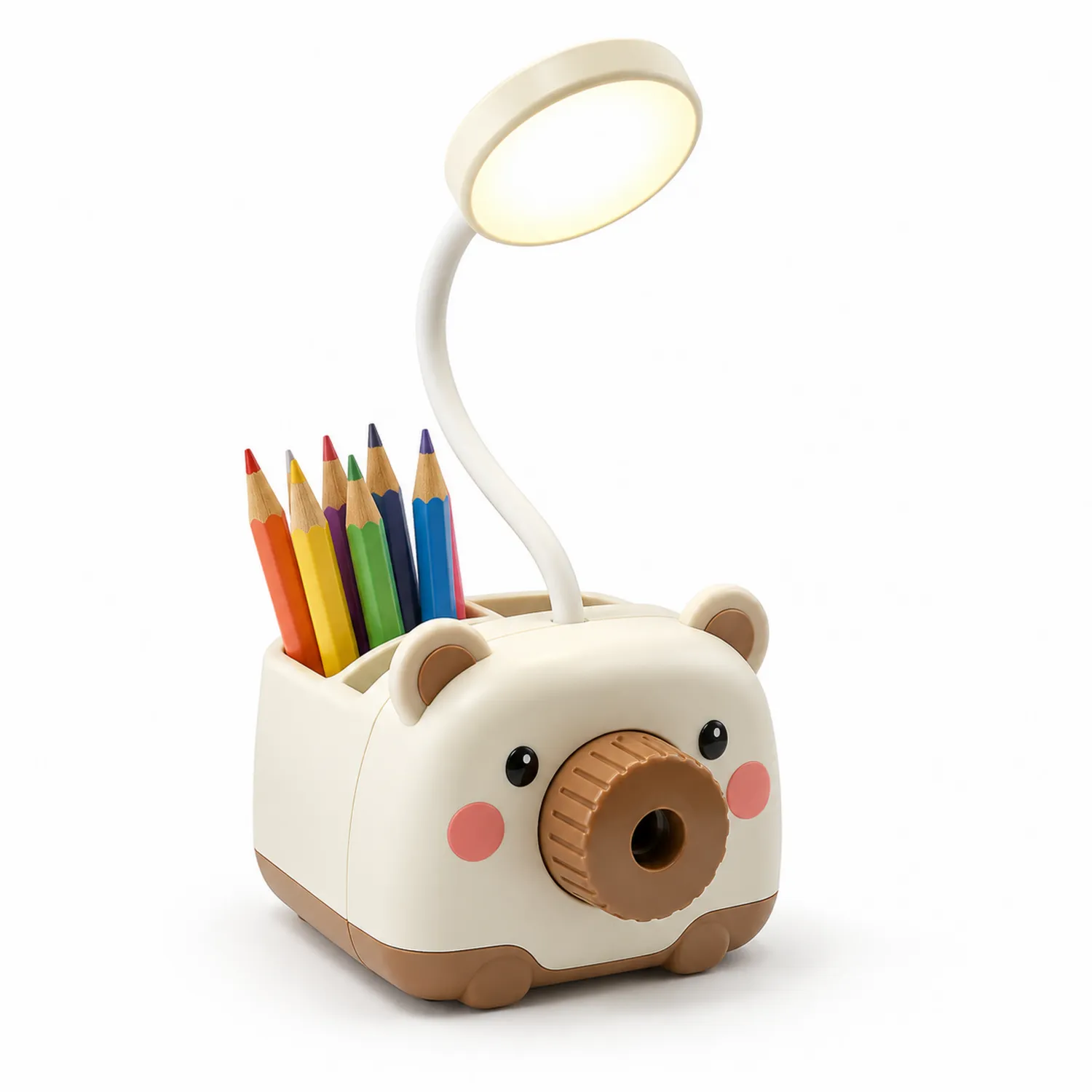 Lampe de bureau LED en forme d'ourson avec rangement pour crayons - Blanc et marron