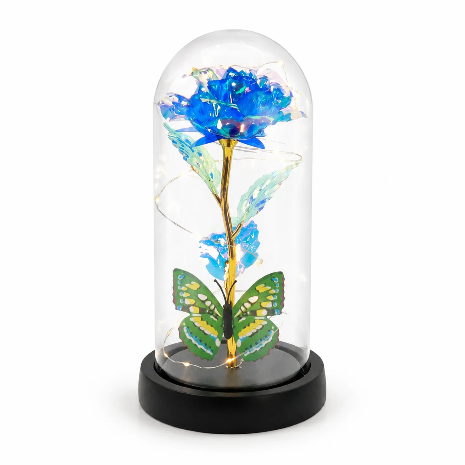 Lampe LED décorative sous cloche en verre bleue avec papillon vert