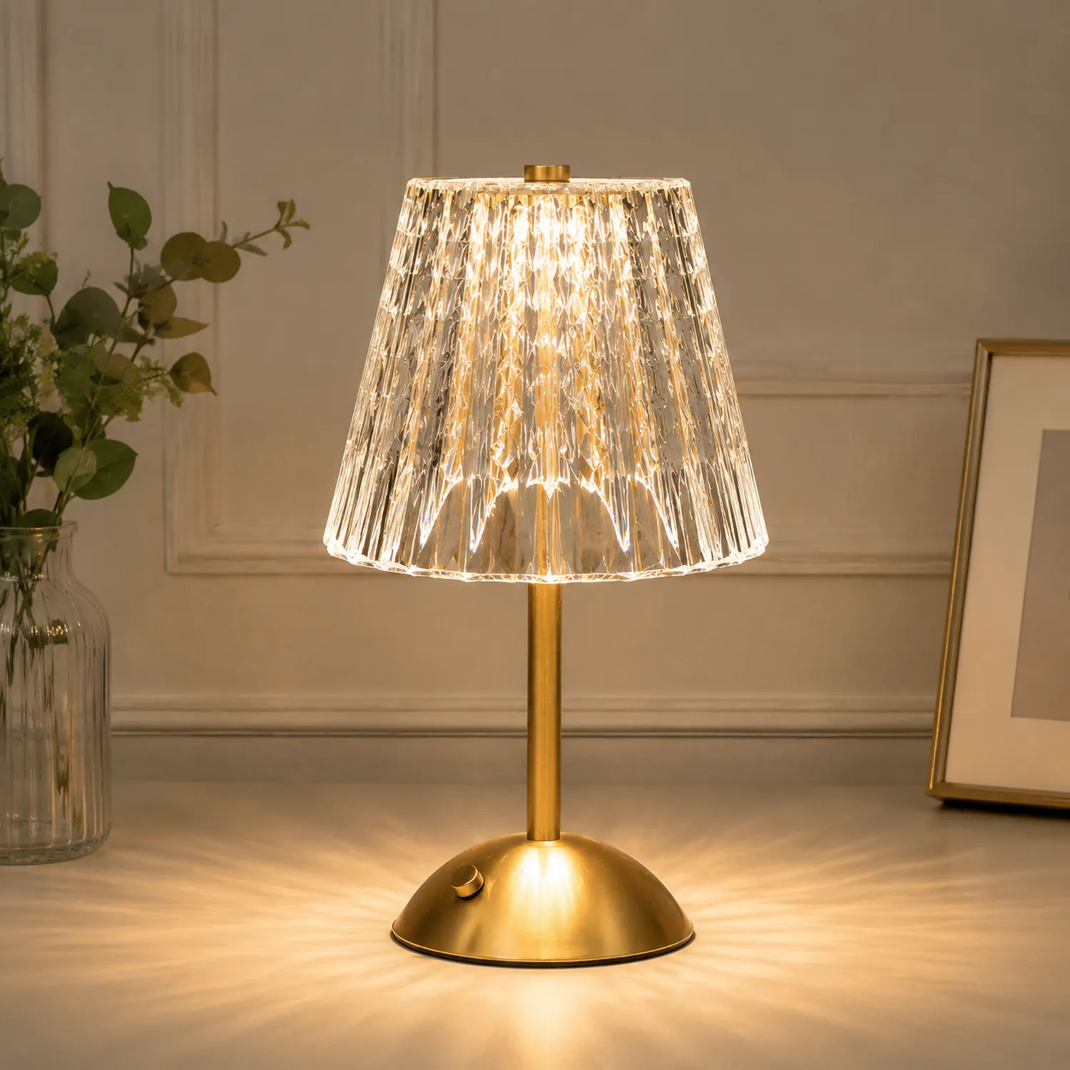 Lampe de Table en Or avec Abat-Jour en Verre Cristal