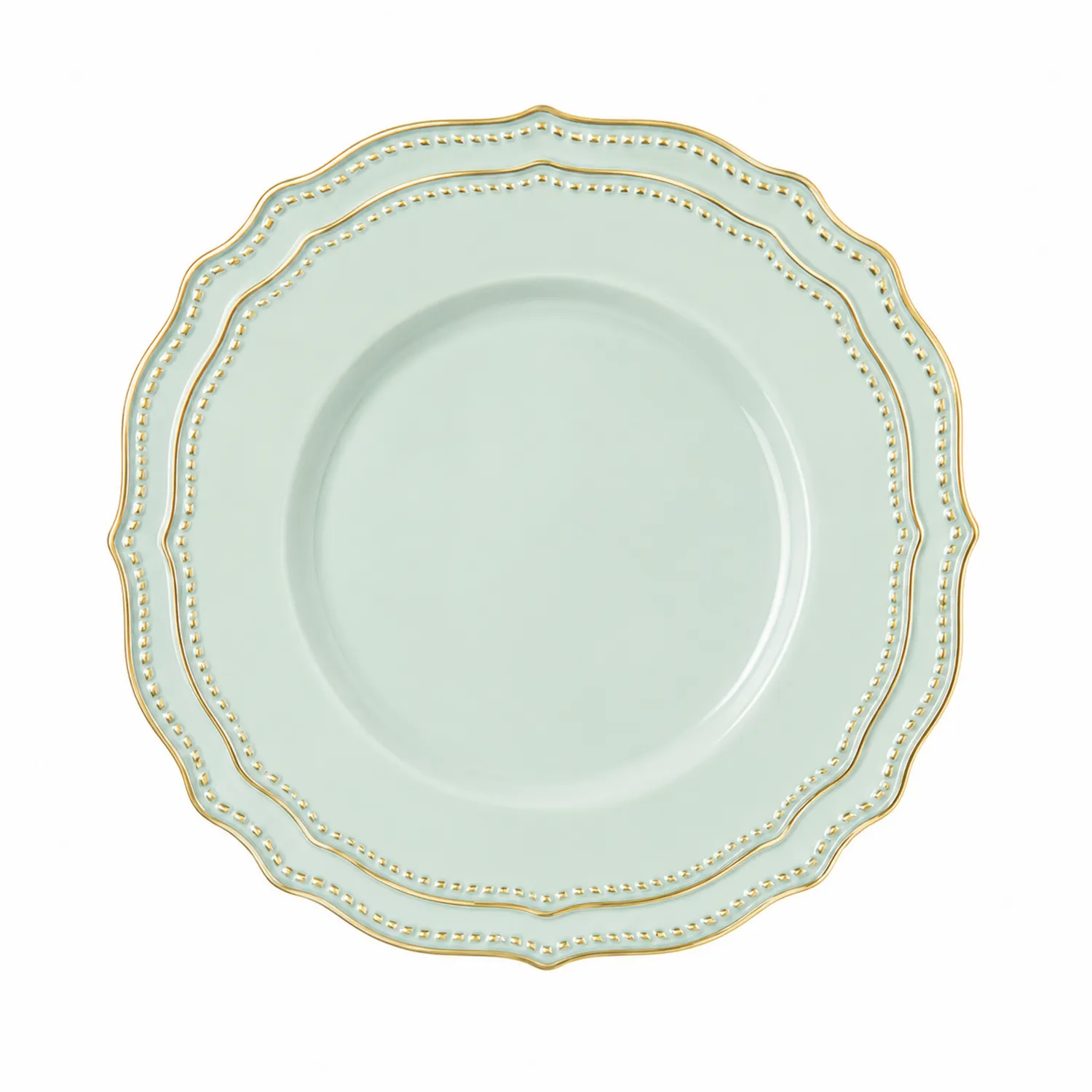 Assiette décorative ronde vert clair avec bord doré 28 cm
