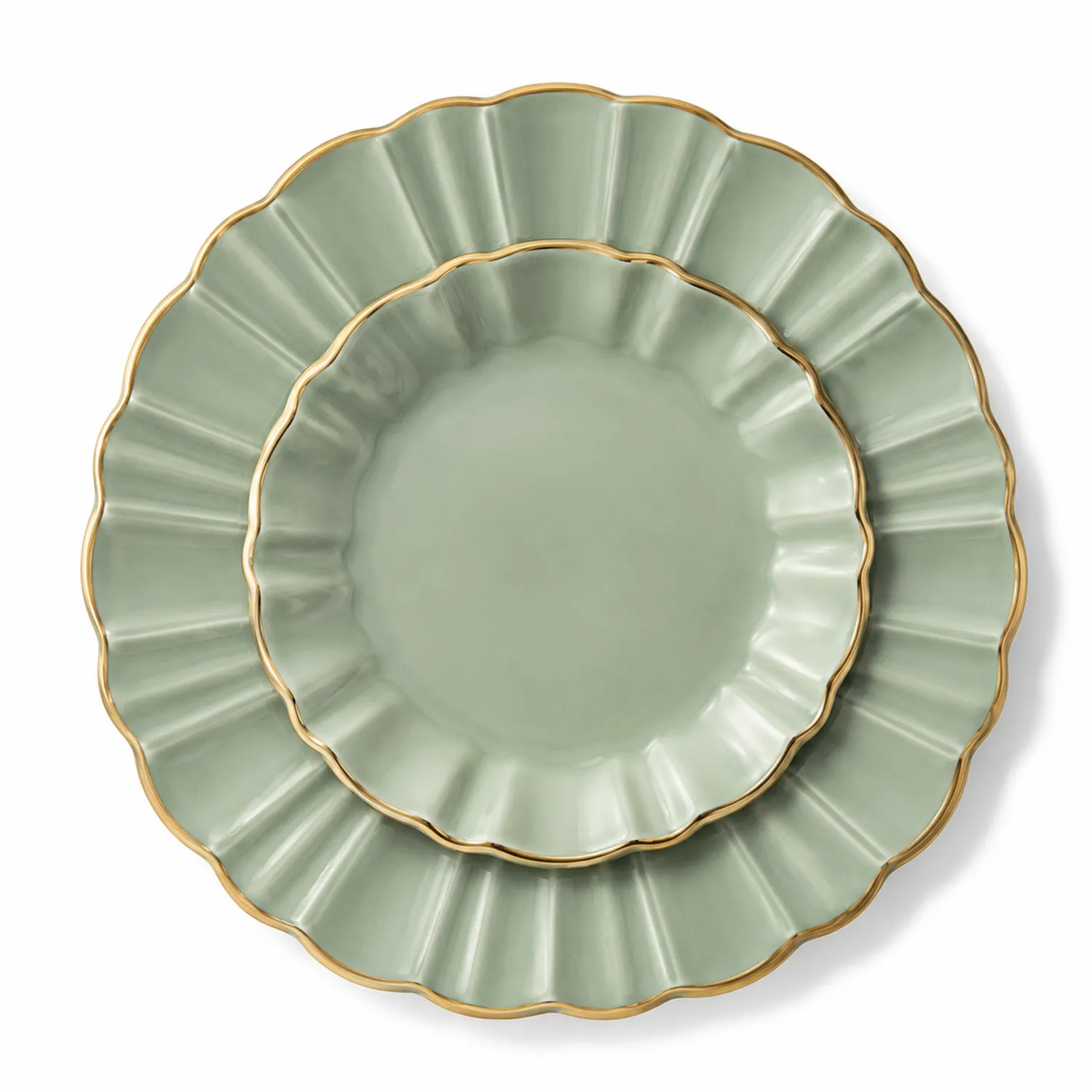 Assiettes Rondes en Céramique Vert avec Bord Doré