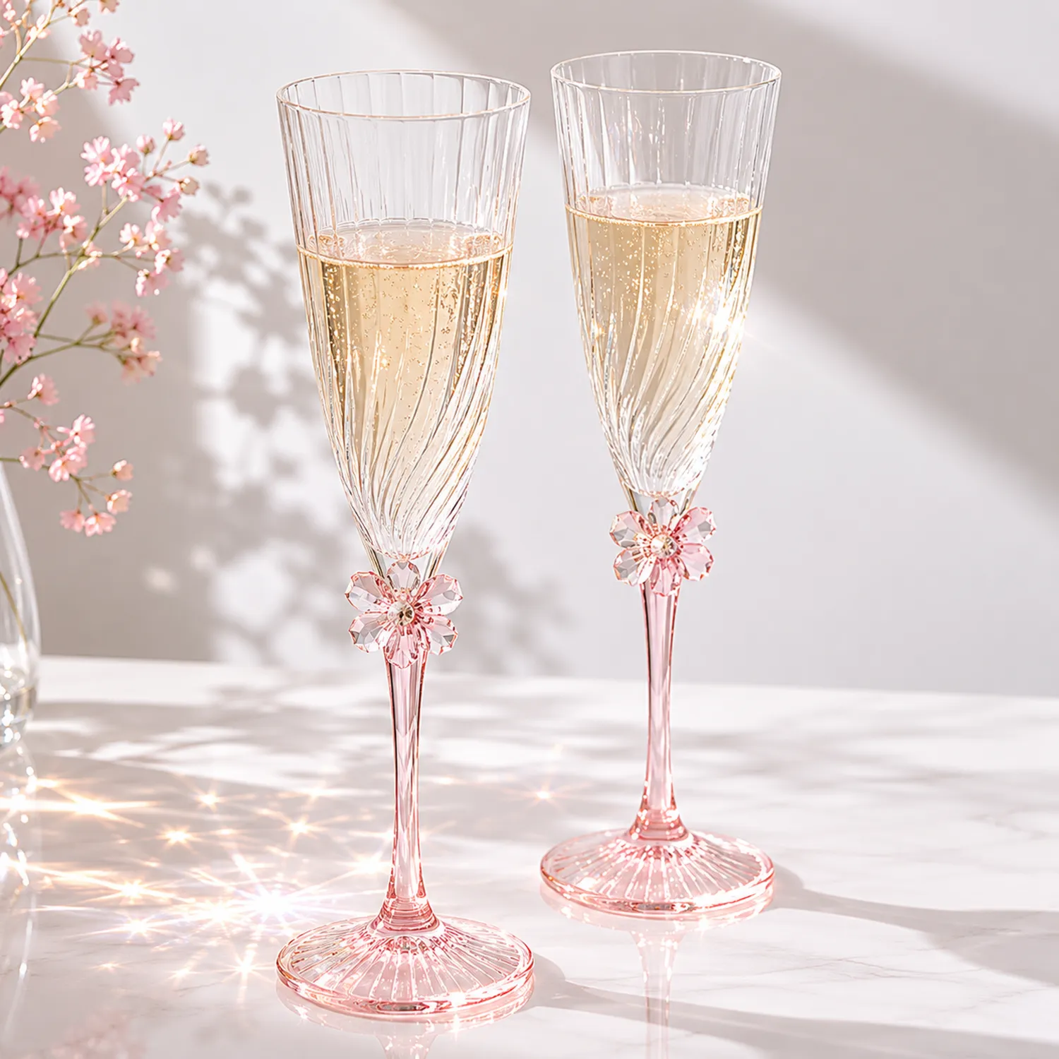 Flûtes à Champagne en Cristal avec Décor Floral Rose