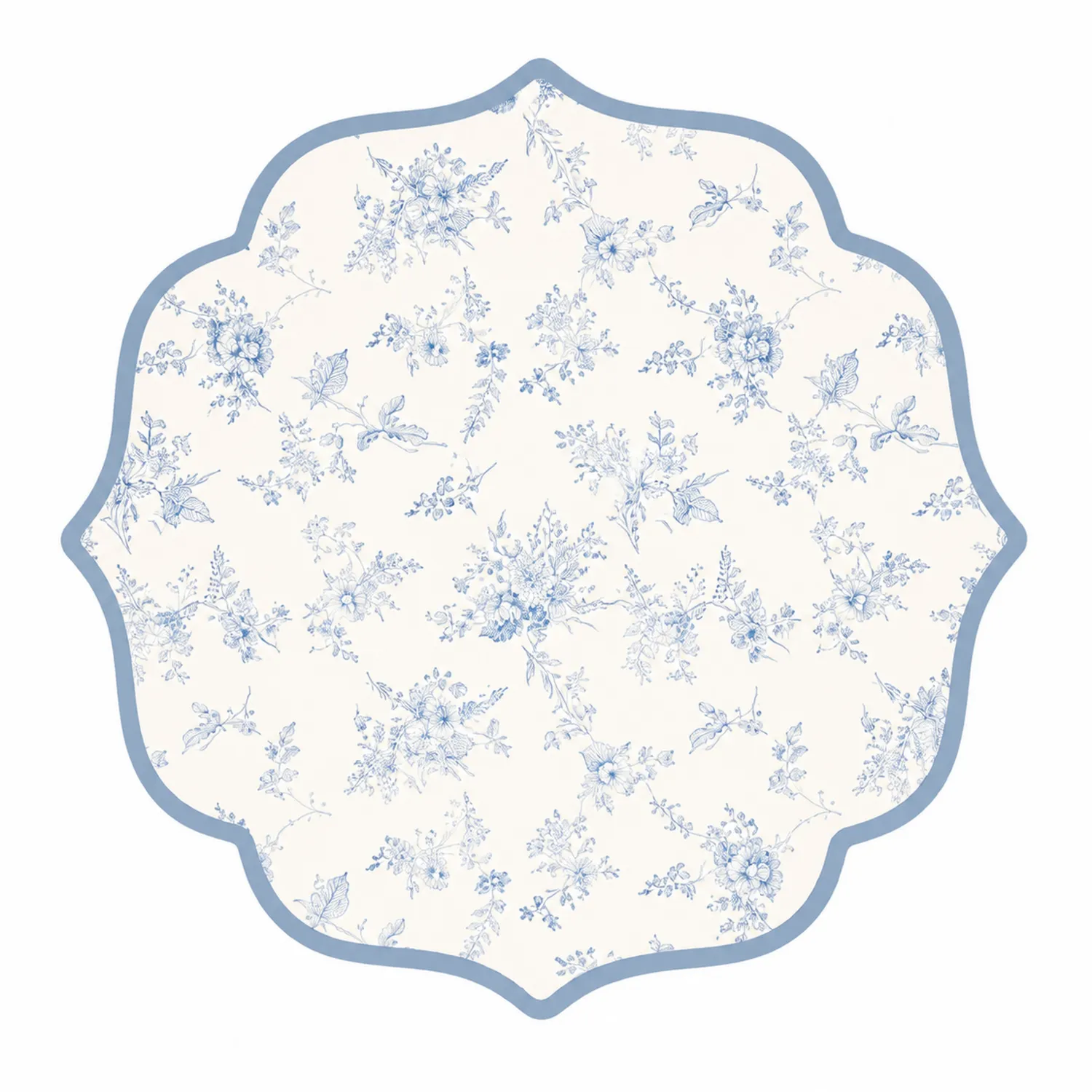 Nappe Ronde à Motif Floral Bleu sur Fond Blanc