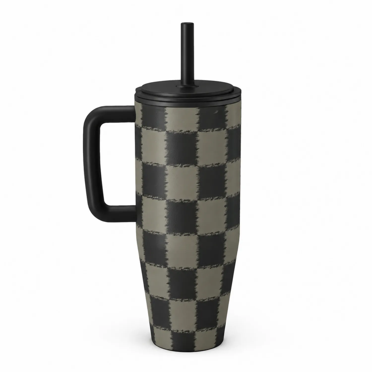 Tasse isotherme avec paille motif carreaux noir et gris