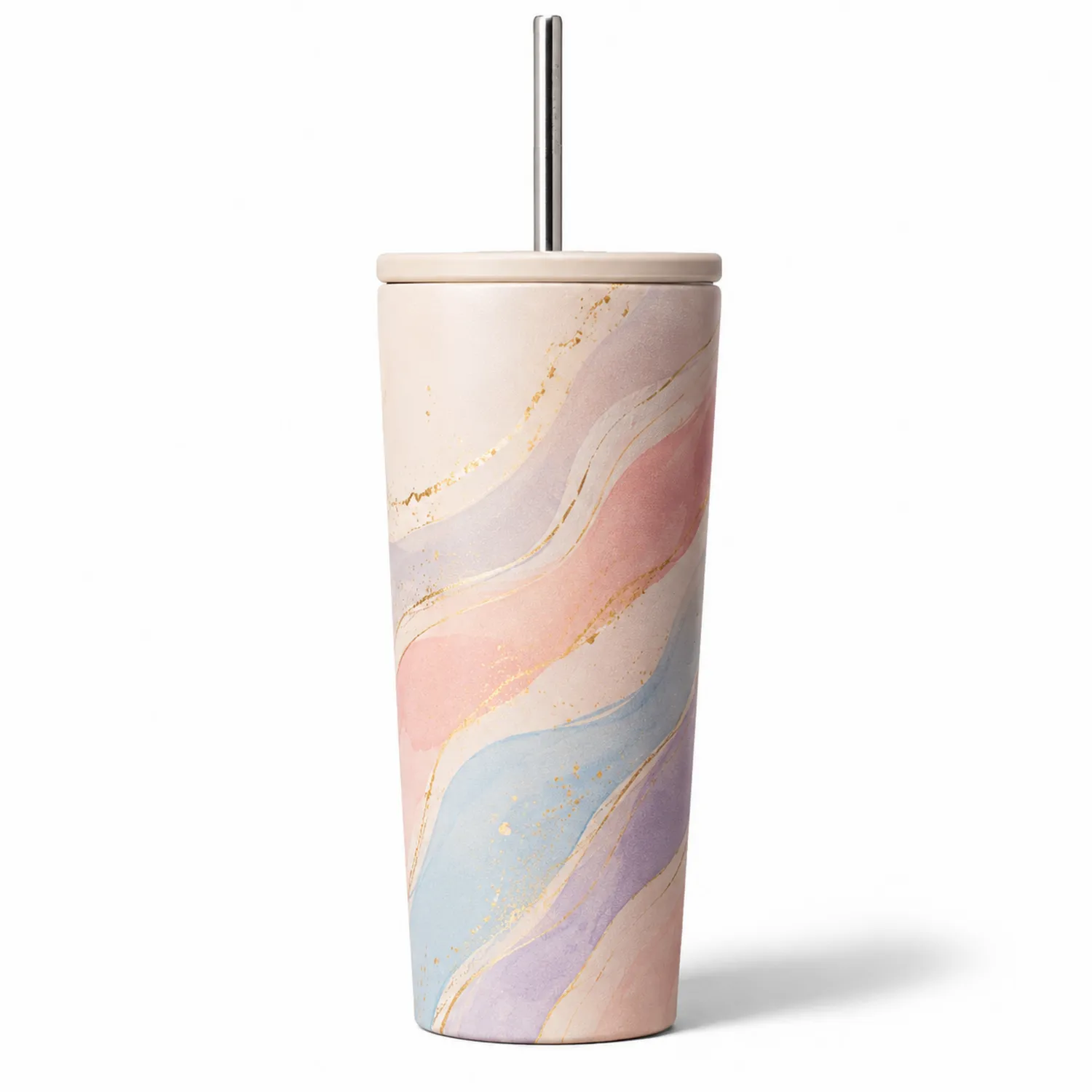 Tasse isotherme marbrée pastel avec paille intégrée