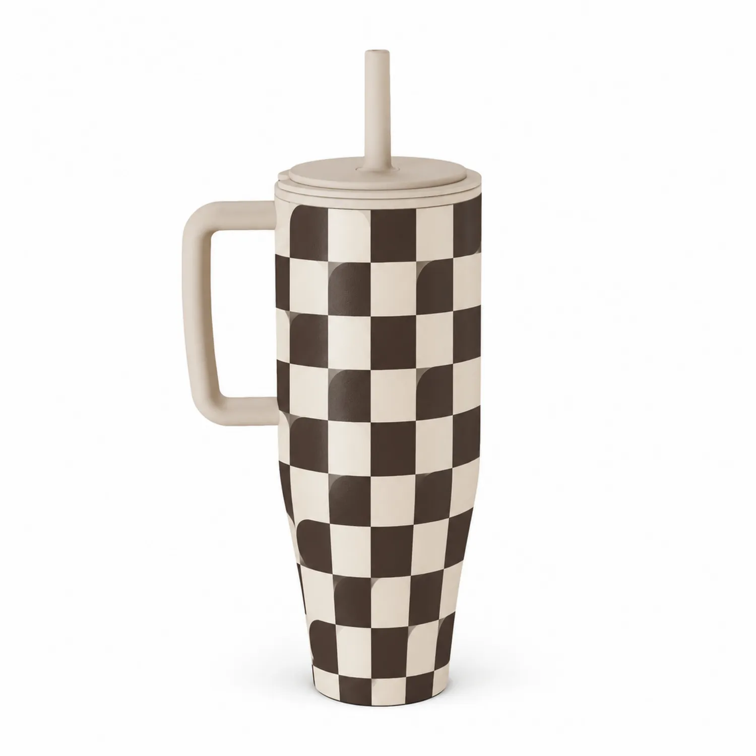 Mug isotherme à carreaux noir et blanc 450ml avec couvercle et paille